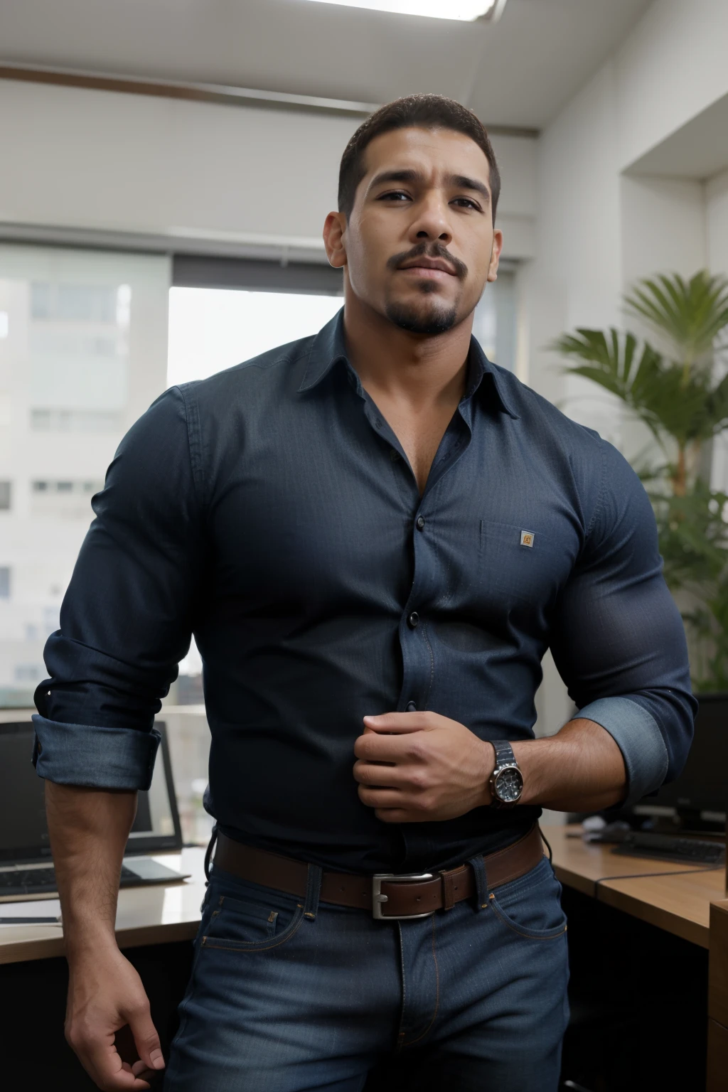 un hombre guapo sentado en la oficina,Corte de equipo,Traje de negocios,ventanas,paisaje urbano,cuerpo completo,macho maduro,[rechoncho],[chris redfield], jeans