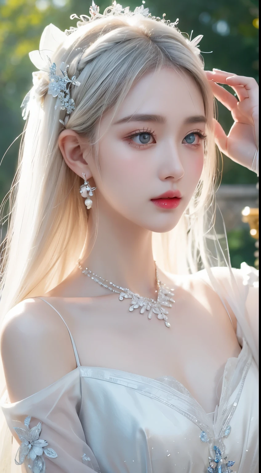 Extremely beautiful girl，Long white hair，Big bright eyes，fair and translucent skin，Red lips，Oval face，Ruddy complexion，Realistic and delicate facial features，crystal necklace，earrings，Exquisite hair accessories，White antique clothes，Rejoice smooth hair，Charming temperament，Extreme details，Realistic details，（masterpiece），（best quality），（Super exquisite），（illustration），（Extremely delicate and beautiful），（Dynamic Angle），Neon highlights，Personification，Crystal elements，（Intricate details）（Beautiful and refined eyes），Delicate face，Half-length close-up，Pearl decoration on the head，（cute），focus，（Fantasy wind），White fairy gauze clothes，（Intricate details），20 years old，Clamp style，Clear lines，Magic Effects，high resolution