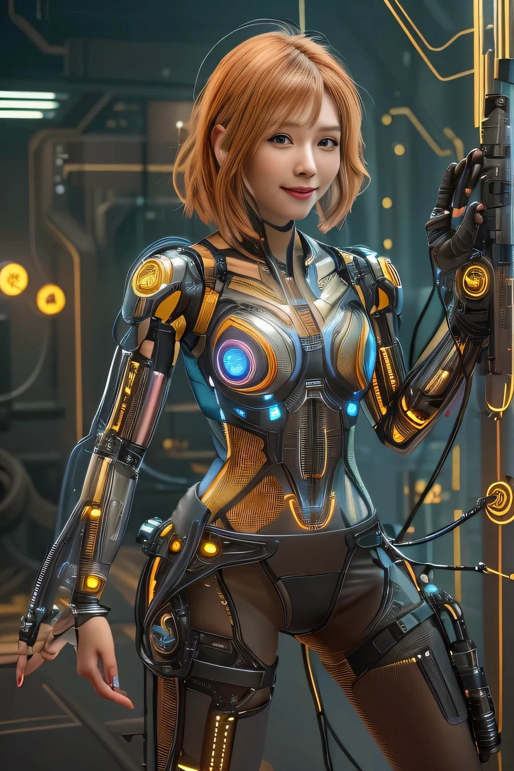 Glowing cyber girl with cybernetic arm,(See-through costume:1.3, )Stand on the post-apocalyptic battlefield.Surrounded by a network of wires. surrounded by circuits. (Cyber girl with a submachine gun:1.3), Shiny light brown and orange striped short hair,Cute Smile,Perfect round face,A bright smile that makes everyone happy,Proper body balance,Tabletop,Ultra-high quality output images,High resolution,Intricate details,Very delicate and beautiful hair,Photo realistic,dream-like,Professional Lighting,Realistic Shadows,Focus Only,Beautiful Hands,Beautiful fingers,Detailed characteristics of the fingers,Detailed garment features,Detailed hair features,Detailed facial features,