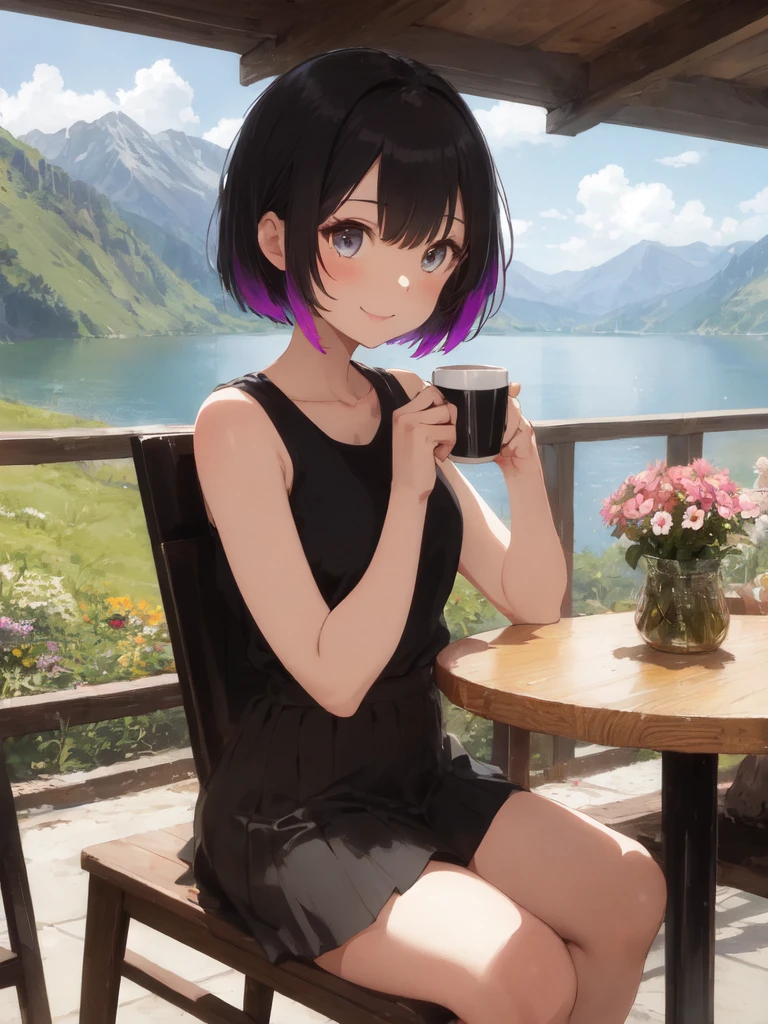 (looking-far-away:1.3),(masterpiece), (best quality),(ultra detailed),(extremely detailed),(absolutely resolution) ,absurdres,8k, 1girl-drinking-hot-coffee-in-cafeteria-outdoor, smile, sitting-on-the-woody-chair, cake, beautiful-landscape-background, mountain, shinny-lake, flowers, 
BREAK,  ultra detailed eyes, messy hair, bobcut, (gradation hair:1.5), tanktops, skirt,