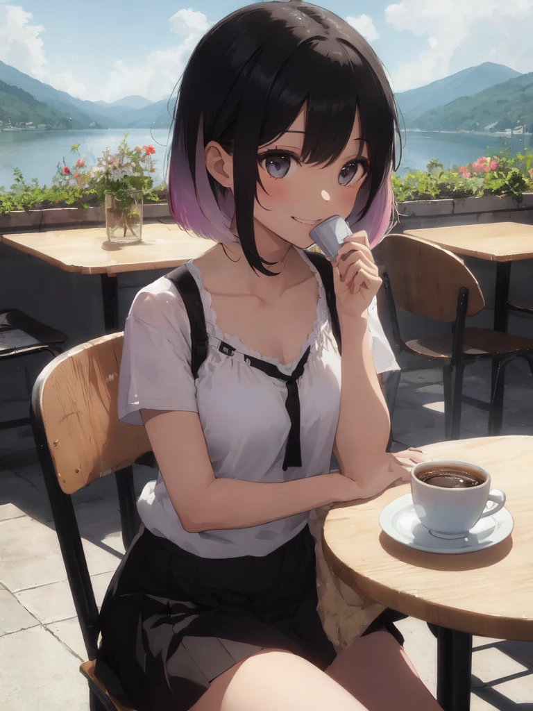 (looking-far-away:1.3),(masterpiece), (best quality),(ultra detailed),(extremely detailed),(absolutely resolution) ,absurdres,8k, 1girl-drinking-hot-coffee-in-cafeteria-outdoor, smile, sitting-on-the-woody-chair, cake, beautiful-landscape-background, mountain, shinny-lake, flowers,
BREAK, ultra detailed eyes, messy hair, bobcut, (gradation hair:1.5), tanktops, skirt,