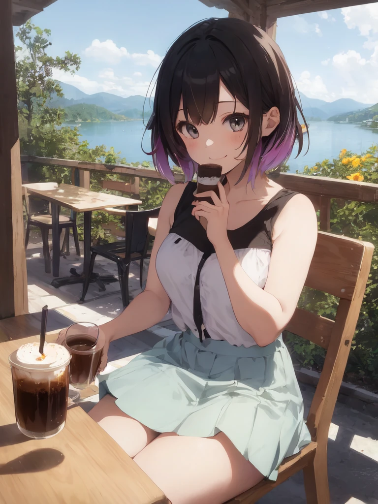 (looking-far-away:1.3),(masterpiece), (best quality),(ultra detailed),(extremely detailed),(absolutely resolution) ,absurdres,8k, 1girl-drinking-hot-coffee-in-cafeteria-outdoor, smile, sitting-on-the-woody-chair, cake, beautiful-landscape-background, mountain, shinny-lake, flowers,
BREAK, ultra detailed eyes, messy hair, bobcut, (gradation hair:1.5), tanktops, skirt,