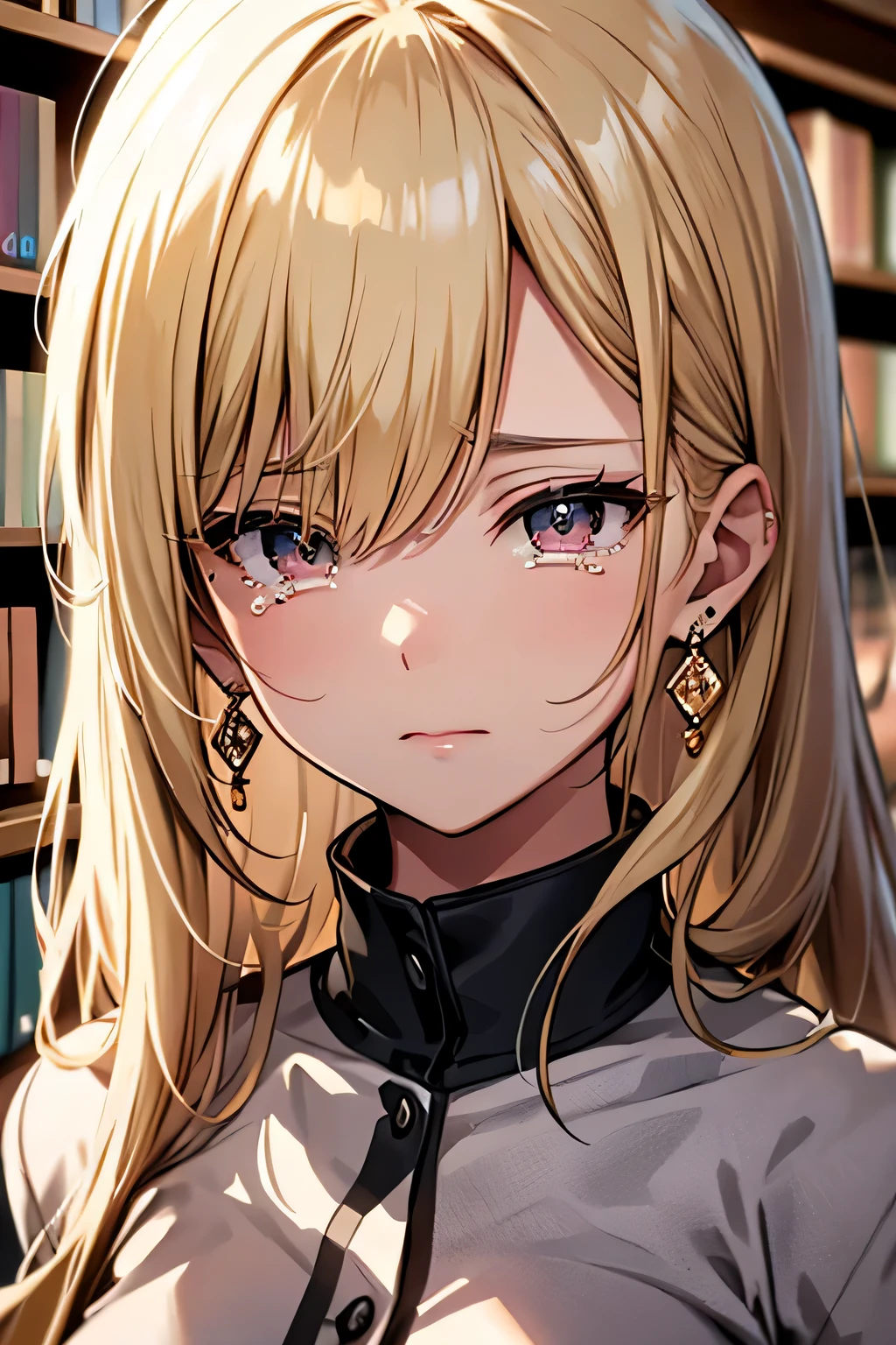 ((highest quality)), ((masterpiece)), (detailed), Perfect Face、Crying face、blonde、Smooth Hair、Earrings、library、evening、