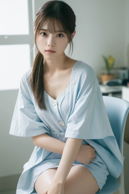 (A loose fitting smock(white:1.2), Tight micro mini skirt(Pale pale light blue:1.2)), ((highest quality, 16k, Super detailed、Ultra-high resolution、From head to thighs: 1.3, RAW Photos)), Sharp focus: 1.2, (1. AESPA Girl :1.1), (alone: 1.1), (Realistic, Realistic: 1.37), (Face Focus: 1.1), beautiful girl、Anatomically correct proportions、Cute face, Super detailedな顔, Long, messy hair, Updo,High Ponytail、Wide open chest、Small breasts、Flat Chest、A slight swelling、Voluptuous thighs、(Natural Makeup:1.1)、office、sitting on a chair、Operating a computer、