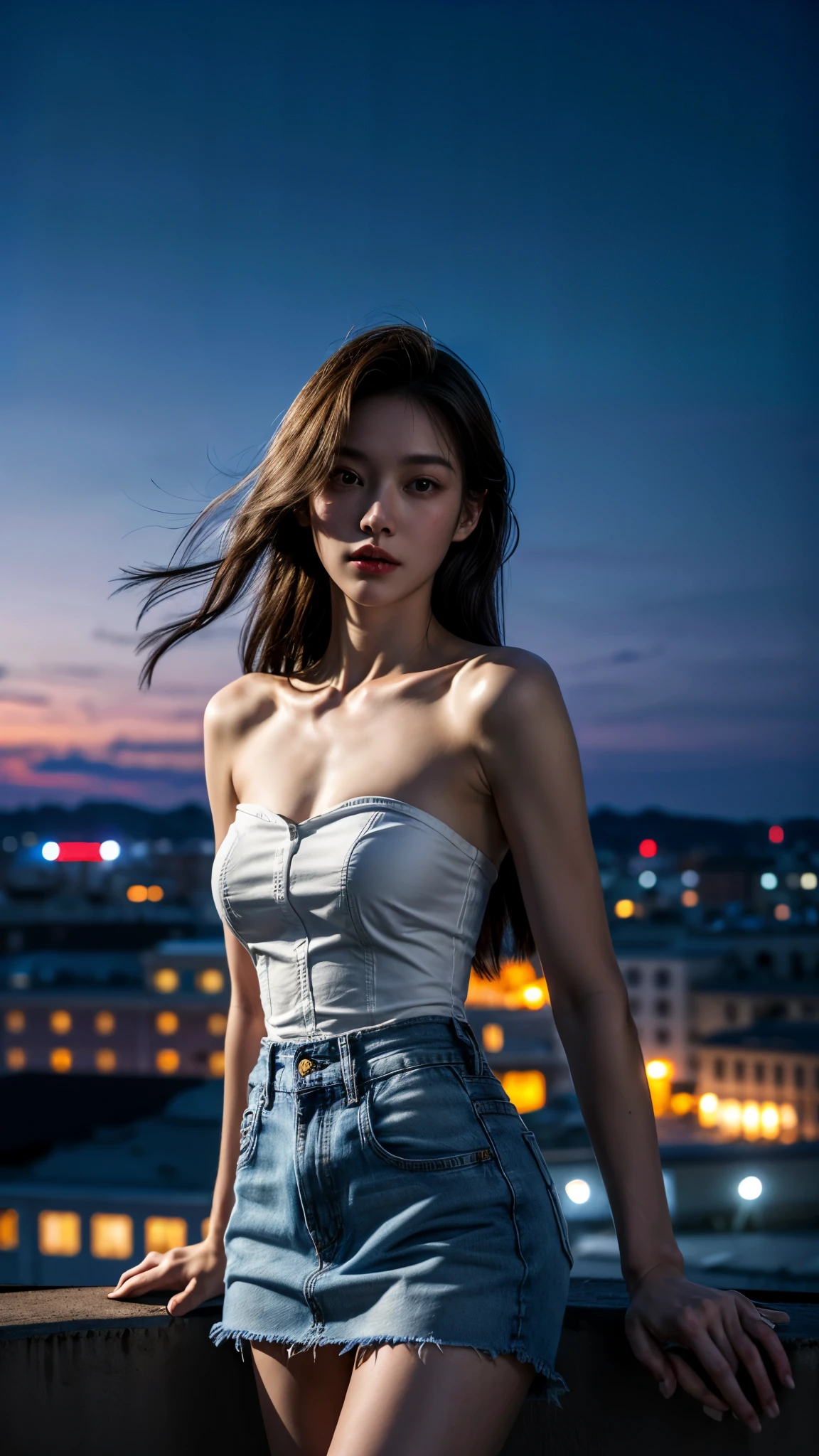 (1girll), Russian, Solo, Long_Hair, Wearing(Denim strapless shirt, White miniskirt), Photo(Medium Shot Shot), Portrait, standing, angle of view, Blurry_Background, Background(Night, Tower, Rooftop, nightlight), (Photorealistic, absurderes, Best_quality:1.55),