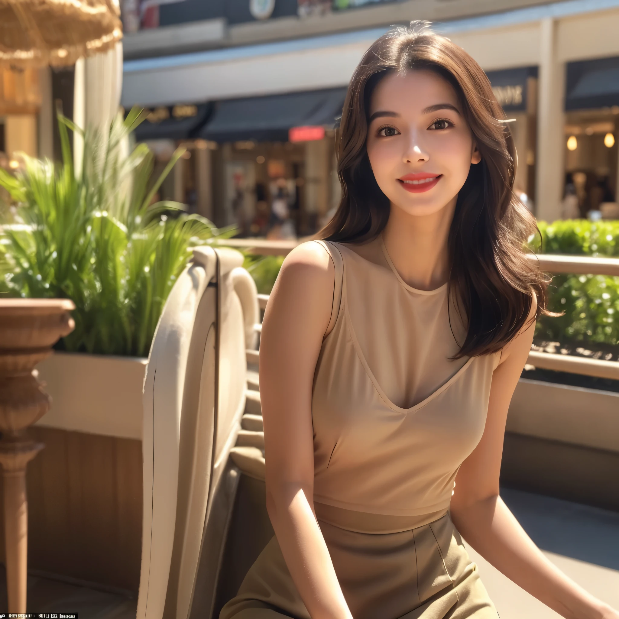 A girl around 28 years old，simplicity，Extremely beautiful and delicate，(light make-up)，black color hair，A sweet smile，Delicate and beautiful fair skin，Realistic and realistic，exquisite and complete facial features，Detailed depiction of the face，tall nose bridge，Red lips，Beautiful, gentle and beautiful girl，Smooth hair，Extremely delicate hair，Feminine temperament，Fill your face light，hyper realisitc，photorealestic，8K quality，extremy detailed，Realistic details，Works of masters，Realistic to the extreme，small breasts body，Beautiful，Pure desire，Stunning beauty，Peerless beauty，Highest image quality，8K resolution，goddes，ssmile，Fine facial features，Hair over the shoulder，A brown-haired，Large long thick legs，(((High-waisted French top)))，(((short  skirt)))，rays of sunshine，facing at camera，The body is well-proportioned and firm，Gentle eyes，exposing thighs，stand posture，Stand inside the mall，Full body photo