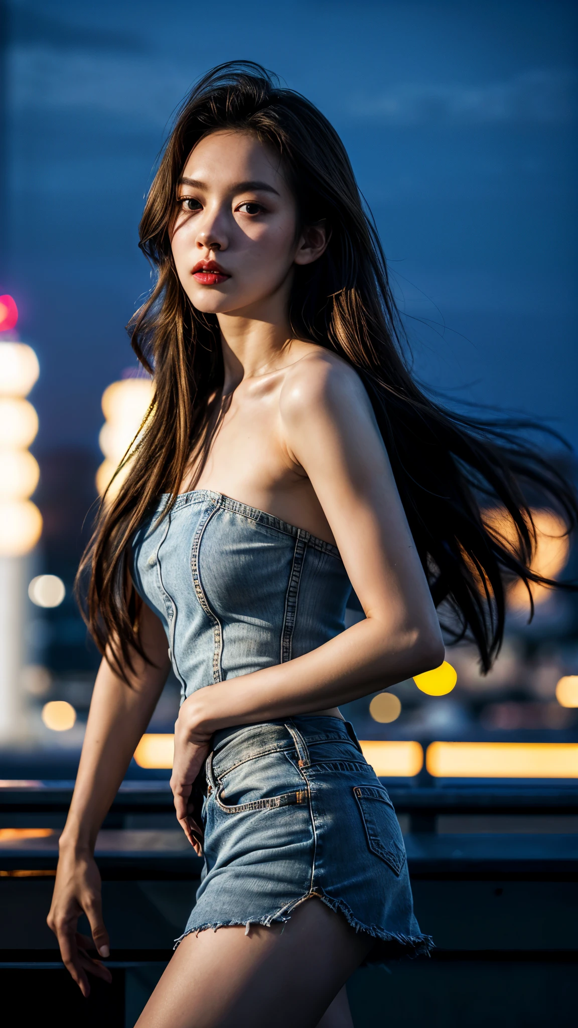 (1girl), russian, solo, long_hair, wearing(denim-strapless-shirt, white-miniskirt), photo(medium-shot), portrait, standing, pov, blurry_background, background(night, tower, rooftop, nightlight), (photorealistic, absurdres, best_quality:1.55),