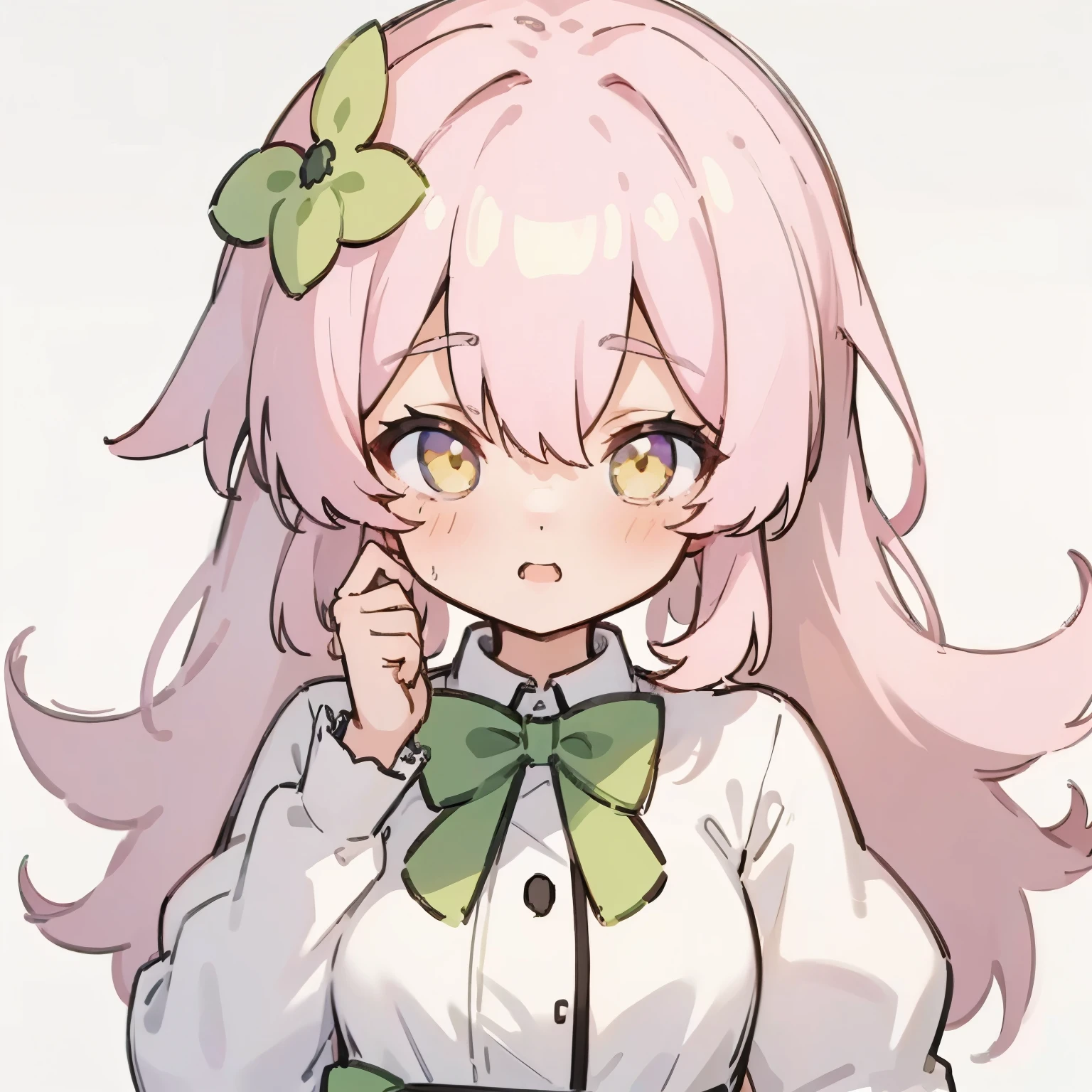 Young woman, White and pink hair, light green bow on head, yellow eyes, white clothes, winks, Simple background.
