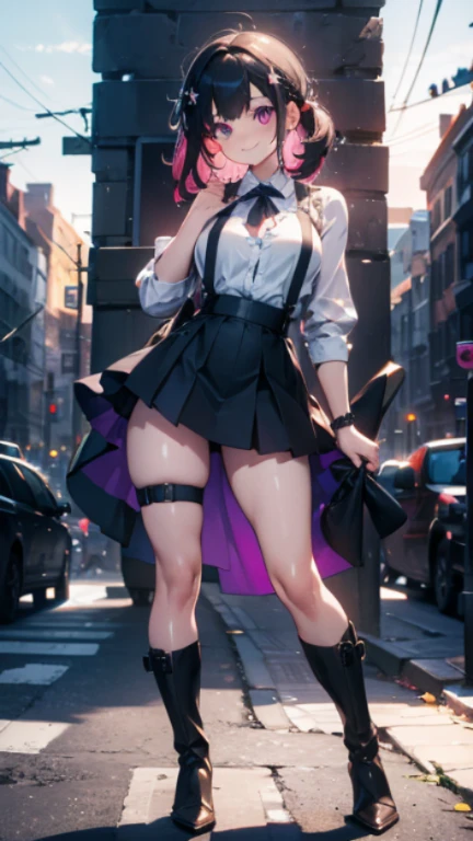 1 girl, small nose,black suspenders,Bulging,walls: Black miniskirt,garters,Gaze,Small face,bangss,holster,Beautuful Women,hands up,leg holster,Gaze,black boots panty shot, provocation,flank,flank sweat soio,arm, pose muy sexy,(with sparkling eyes and a contagious smile), very beautiful detailed face and eyes, bright colors, cute face, delicate beautiful face, Bright magenta eyes, cute eyes, sparkling eyes, Big eyes, (big breasts:1.0), (perky chest:1.1), (pointed chest:1.0), medium hips, glamorous body, white skin, smile, thin pubric hair, shiny hair, super beautiful face, Super beautiful eyes, Super beautiful hair，trendy outfit，sexy and attractive，explosion of colors，big hairpin，full body esbian，illegal occupation, Real World, Natural light,perfect Natural light,looking at viewer,
