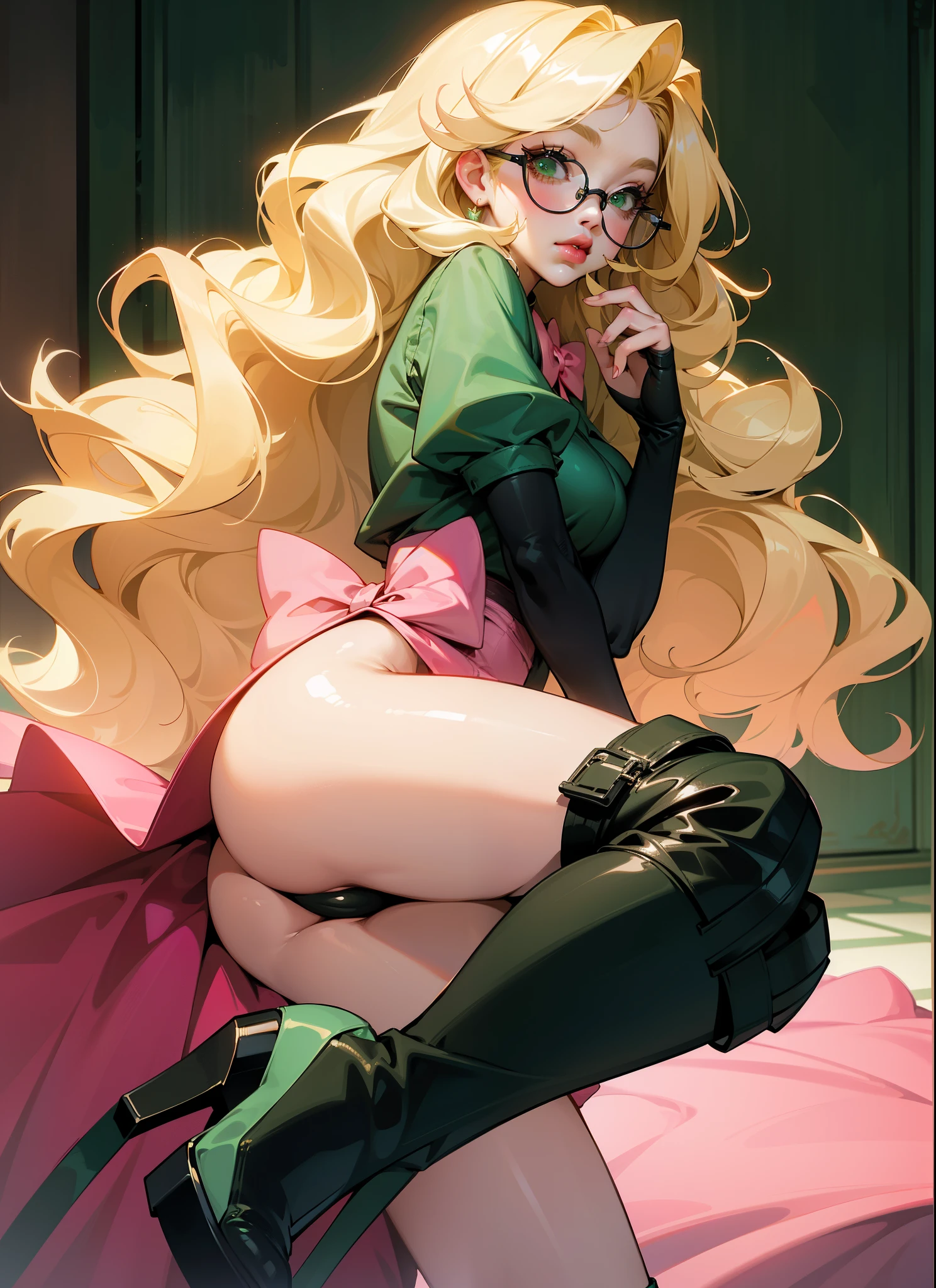 massive , big , juicy lips, big lips, massive lashes, blonde wavy hair, green eyes, pink bow, in a room, dynamic lights, glasses, big platform boots, black boots