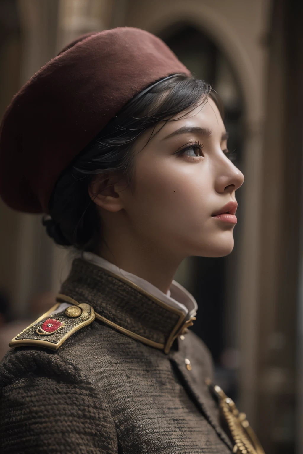 british guards 복장을 한 아라페드 여성 1명, british guards, No makeup , without makeup, portrait of a girl, Profile picture, Use Instagram Filters, Subtle soft and dim light, perfect face, julia sardinian, 💂🏻, Buckingham, 