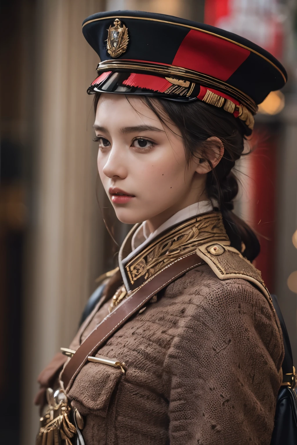 (higher resolution), british guards의 털모자와 옷을 입은 아라페드 여성, british guards, No makeup , without makeup, portrait of a girl, Profile picture, Use Instagram Filters, Subtle soft and dim light, perfect face, julia sardinian, 💂🏻, Buckingham,