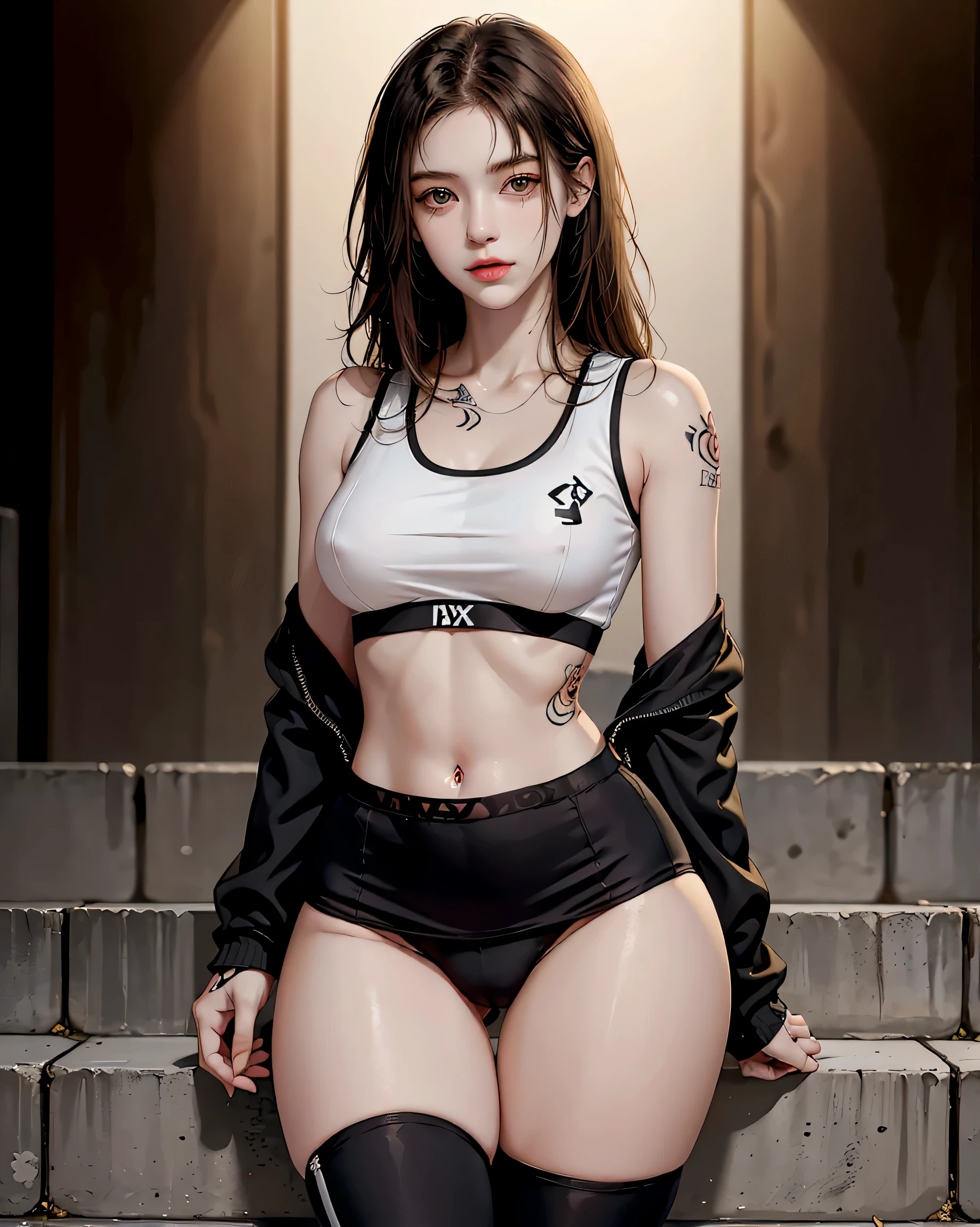 Perfect Style, Beautiful Face, Highly detailed face and skin texture, (Maximum resolution: 1.2), 1 female, alone, Hip Up, jewelry, (((Has a lot of tattoos all over his body)), Streetwear, Sports Bra, Golden Hair, panties, sports boots, (((Narrow waist))), ((Big Breasts))
