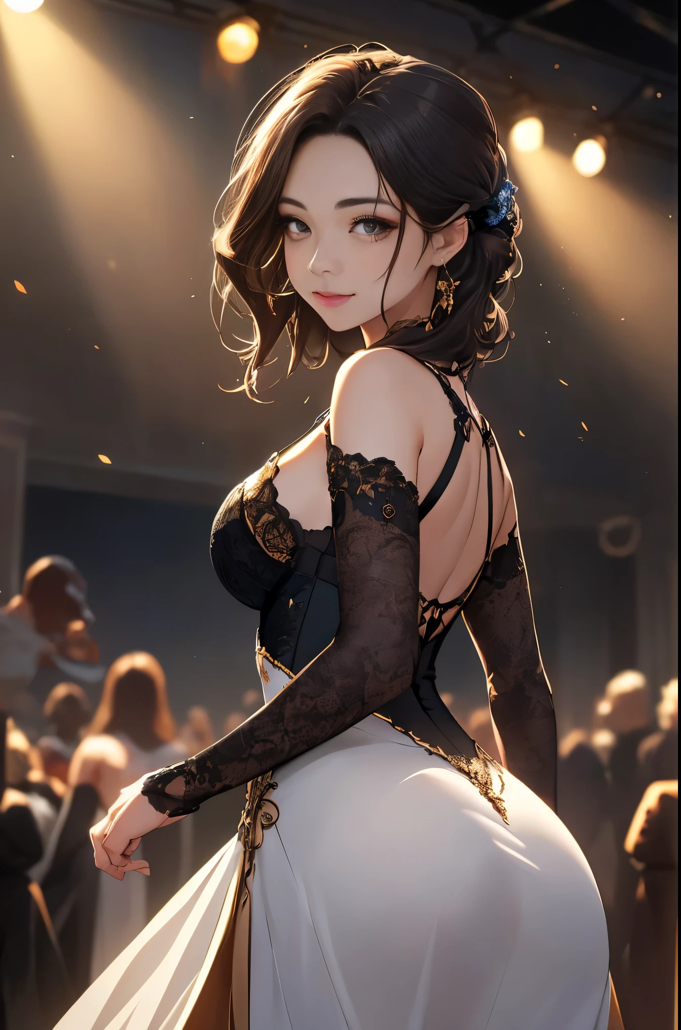 (highest quality,8k,masterpiece:1.2), Please draw it realistically like a real photo.。Very detailed,1 girl,Beautiful fine details,Beautiful and detailed mouth,Very detailed顔と表情,Beautiful eyelashes、,Grey and two-tone,She was wearing a dress and a long skirt.,A kind smile、Three-dimensional figures,Surrounded by dramatic lighting、Has a rich expressiveness。Her ass is very attractive、It attracts the viewer.、It's a big, A round butt with a defined butt shape.。The work is、(highest quality,4K,8k,High resolution,masterpiece:1.2),Very detailed、Full body shot of a person。Rear view、this is、The viewer is looking at the person from behind..。The screen background is Very detailed、Caustics with detailed background、Create beautiful portraits。このThe work is、Use vibrant shades for your colors、Beautiful lighting enhances the overall atmosphere。Make her look stunning with a full body photoshoot。