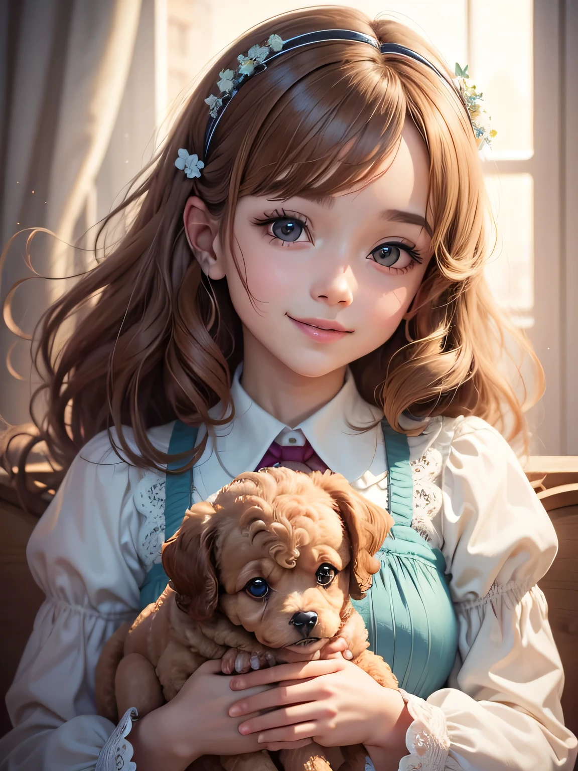 Girl holding a toy poodle puppy, Toy poodle puppy、Light brown hair, floating hair, Cloud hair, ribbon, Flowers on the head, Aqua Eye, smile, light smile, Grin, Lips parted, Attention to detail, Modern, anime, Romanticism, Cinema Lighting, Ray Tracing, God&#39;s Rays, Halftone, Ultra-high resolution, retina, masterpiece, Collect and organize, Anatomically correct, Textured skin, Super Detail, Attention to details, high quality, Awards, 最high quality, 8k