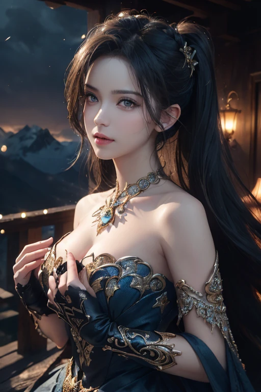 (Skin dents:1.5), Realistic, Realistic, (masterpiece:1.5), Concept Art, Intricate details, Very detailed, Realistic, Octane Rendering, 8k, Unreal Engine, Dynamic pose, highest quality, High resolution, (Realistic Face:1.1), (超Realistic:1.1), ((full_body)), Perfect Eyes,(Shiny skin:1.2), (((Hairstyle))), (((Perfect hands))), (Very detailed背景), ((Dynamic Background)), (light), ((Fine grain, High quality eyes, High quality face)), (((flowing Hairstyle))),  amazing, Depth of written boundary, Bokeh, 4K, Gothic,  Mountain Background, lightning, Glowing blue iris, At night、Revealing luxury dresses,Full body photo 1.5