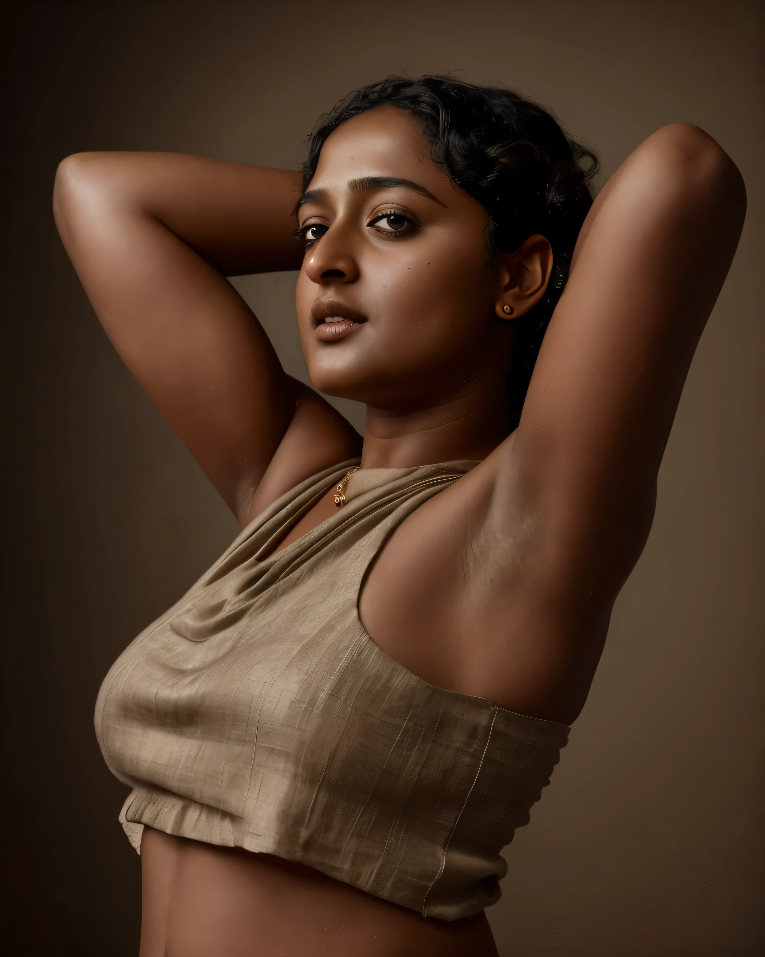 Looks like Anushka Shetty, a photo portrait of a beautiful girl 40 years old, with curls, styled black hair, (face portrait:1.5), dramatic light, Rembrandt lighting scheme, bust shot, linen tank top , top quality editorial photograph, skin texture, skin pores, chocolate skin, high quality skin, top quality photography, professional photography, professional retouching, insane detailing, warm moody tones,
