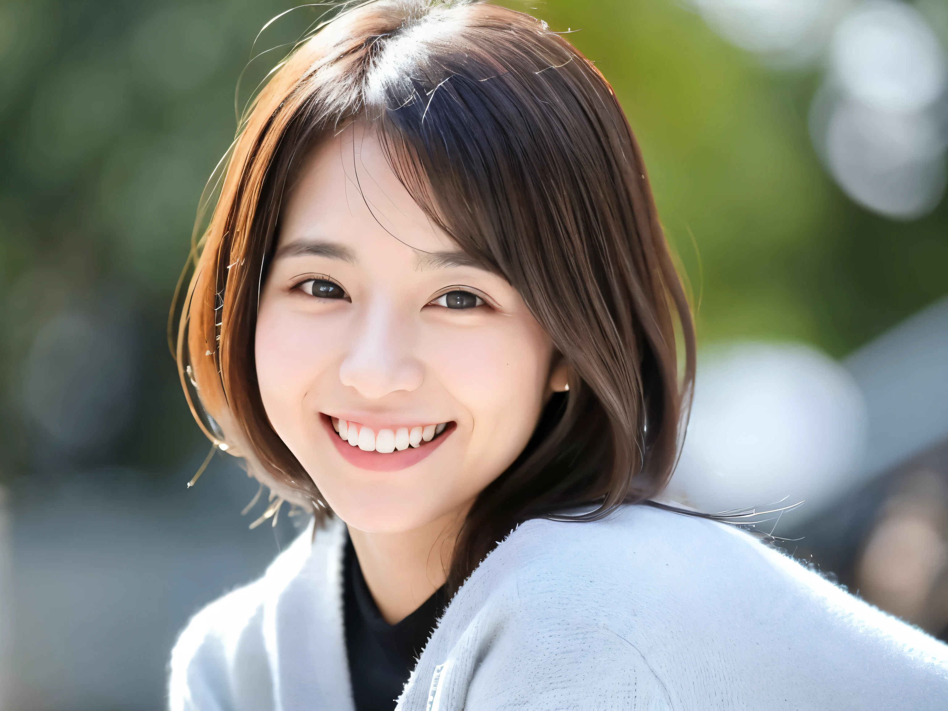 in house、A 26-year-old woman is smiling as she turns to face the camera.。