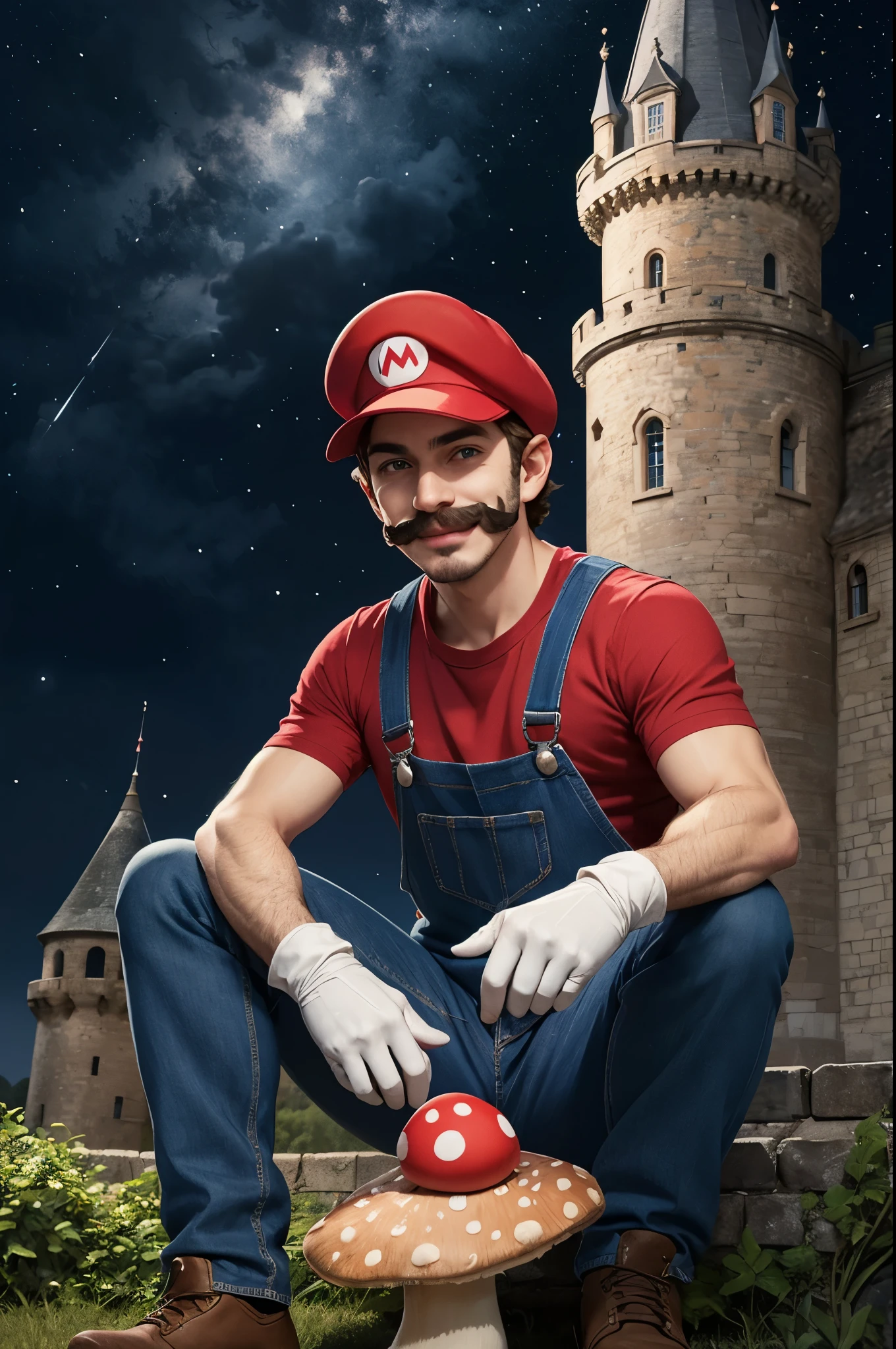 upermario sitting on a mushroom, looking at starfall on sky, wearing red shirt, blue overalls, white short gloves, red hat, mustache, blue eyes, smiling, outside, castle background at midnight, extremely detailed, hdr