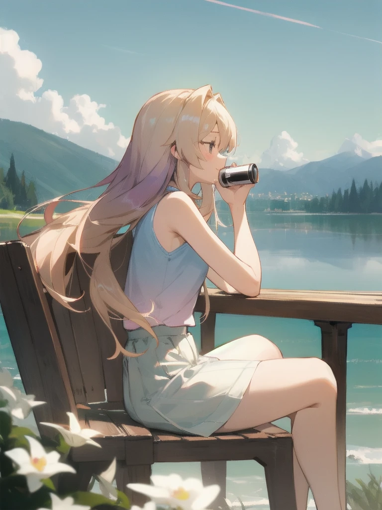 (looking-away:1.3),(from side:1.3),(masterpiece:1.2), (best quality),(ultra detailed),(extremely detailed),(absolutely resolution) ,absurdres,8k, 1girl-drinking-ice-coffee, cafeteria, outdoor, smile, sitting-on-the-woody-chair, cake, beautiful-landscape-background, mountain, shinny-lake, flowers,
BREAK, ultra detailed eyes, long hair, (gradation hair:1.7), tanktops, skirt,
