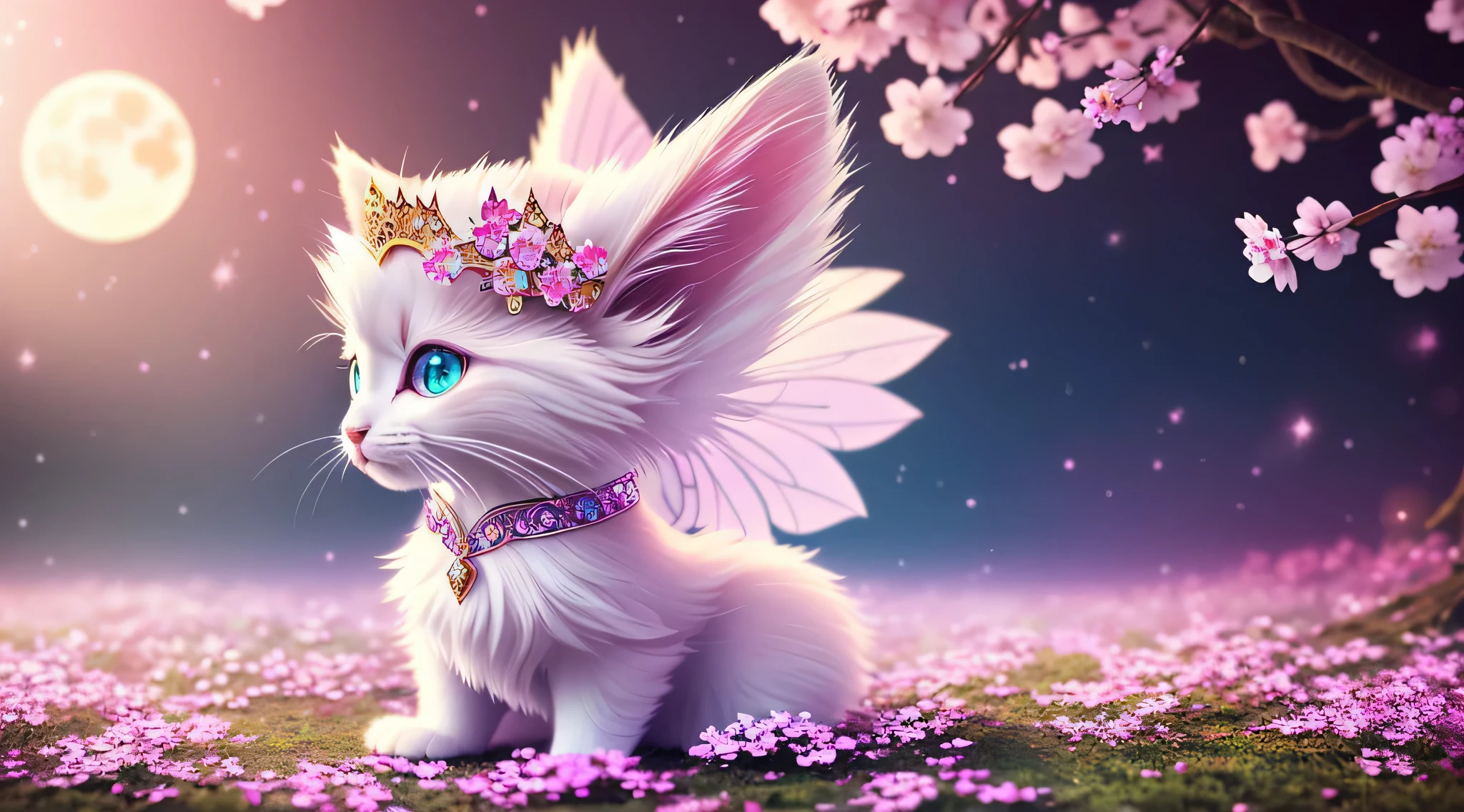 Side view, supersaturation, Be colorful, fairy tale, dream-like, Cinematic character rendering, oil, 3D, 8K resolution, sequins, Sparkling, cherry blossom forest, moonlight, Anthropomorphic kitten king cute adorable chibi portrait close up, fine eyes, Large round reflective eyes,