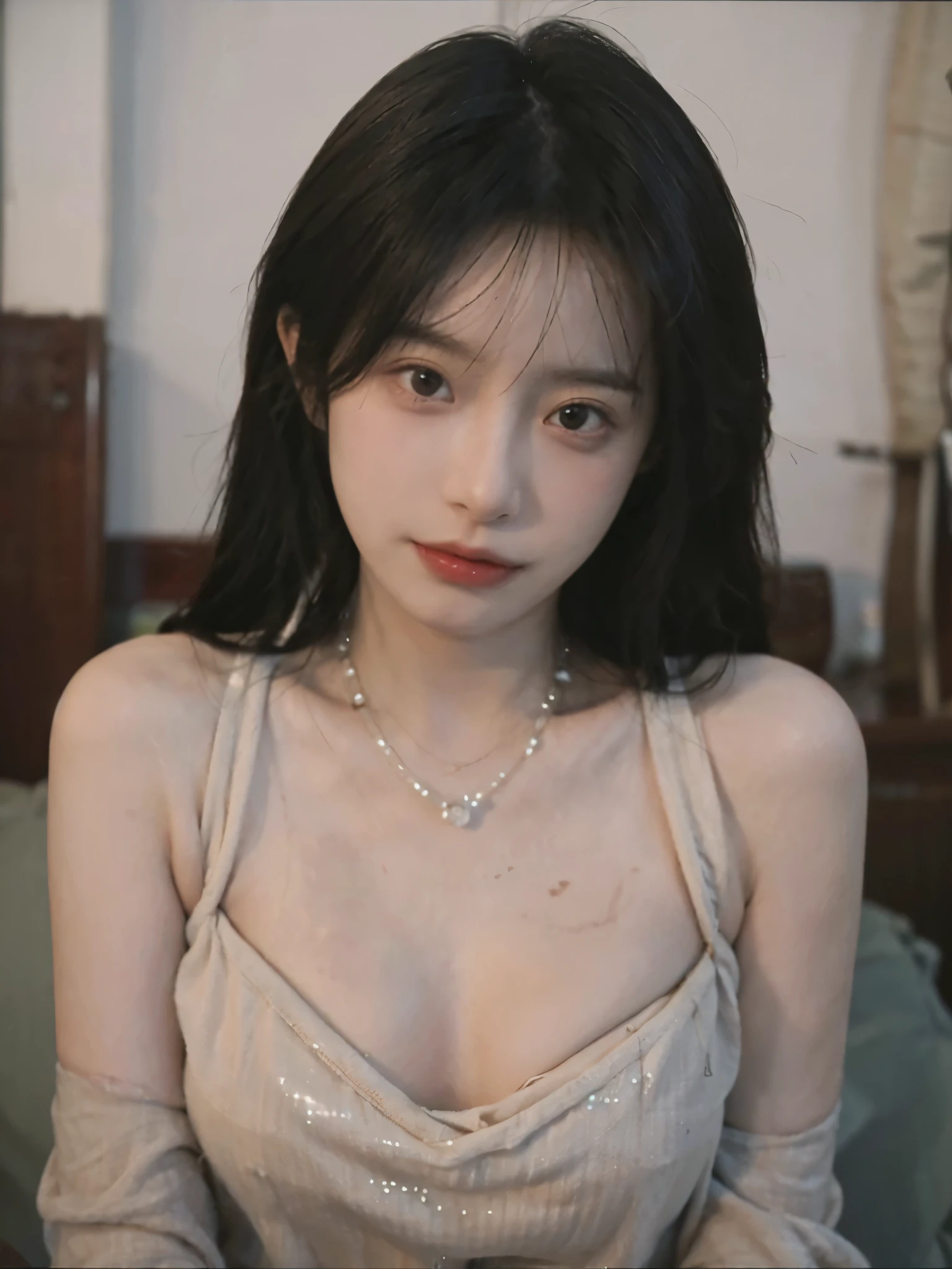 Film portrait photography, 2 girls, bare shoulders,lipstick,(flat chest:1.4), wear necklace,Big breasts:1.6,Cute expression,Exquisite makeup,Black suspenders,serene, calm, (Realistic and detailed eyes, natural skin texture, Realistic facial details), Soft dramatic lighting, depth of field, Bokeh, Vibrant details, Detailed and detailed, surreal, 35mm film, hazy, ,
