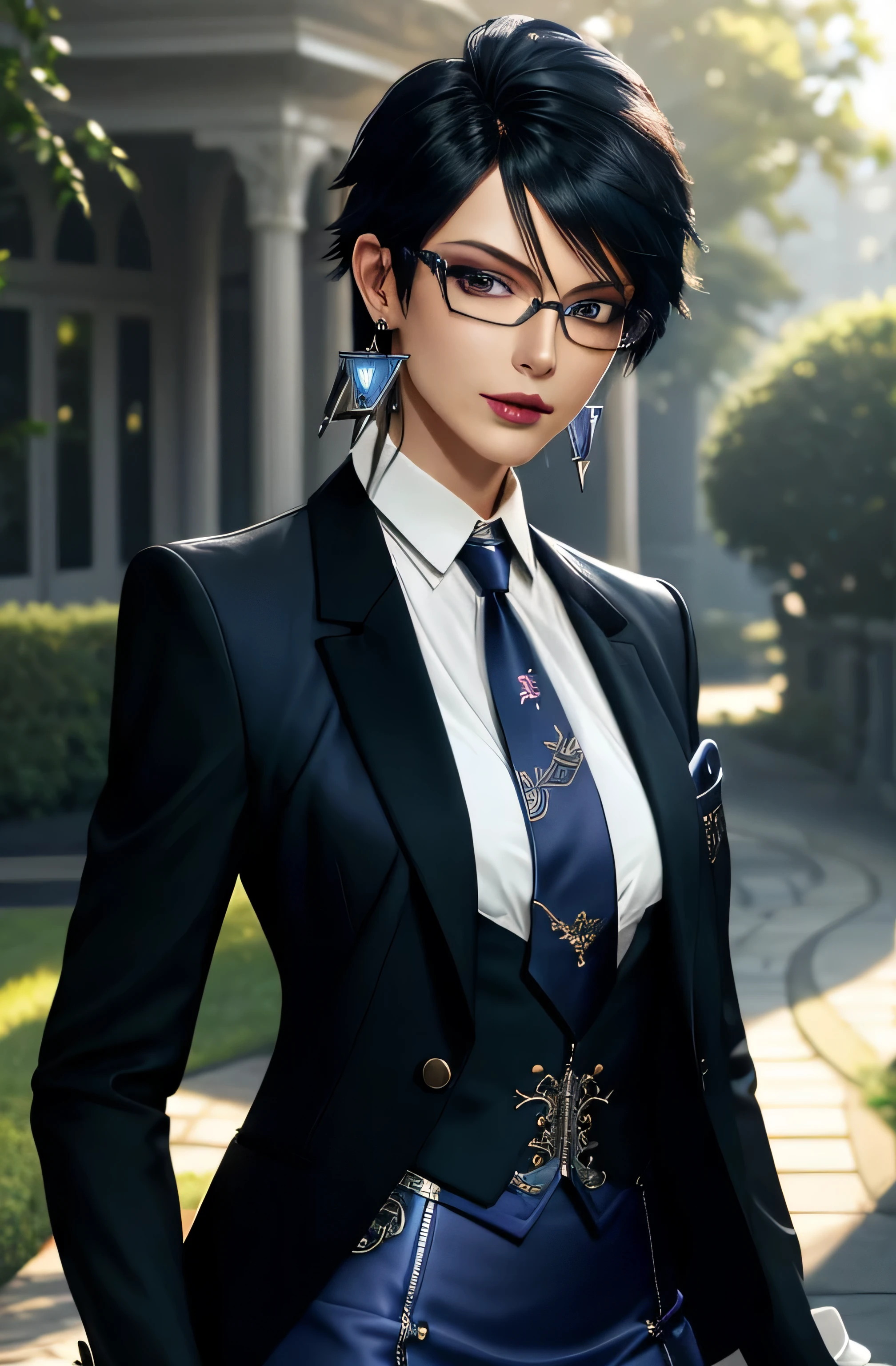 ((masterpiece)),((best quality)),((absurdres)),((ornate)),cowboy_shot,(straight-on),dynamic_pose,bayonetta_2_shorthair_aiwaifu,aiwaifu,black_hair,silver_eyes,jewelry,glasses,earrings,mole_under_mouth,makeup,short_hair,lipstick,lips,gloves,alternate_hair_length,breasts,black-framed_eyewearwhite_gloves,eyeshadow,semi-rimless_eyewear,toned,curvy, narrow waist, solo,mature_female,looking_at_viewer,architecture,garden,stream,outdoors,gradient_sky,twilight,petals,magic,backlighting,light_particles,bokeh, blurry_background,colorful,(highres),(ornate_clothes),(vanishing_point),(dappled_sunlight),(depth_of_field),(scenery),(realistic),(masterpiece), ((skirt suit)), suit and tie, (((three-piece suit))), silk dress shirt, shirt and tie, (((shirt collar))), (((blue necktie))), ((blazer)), ((open blazer)), ((suit jacket)), (((waistcoat with lapel))), (dress shirt with white collar), ((bodycon miniskirt)), (((pencil skirt))), pantyhose, tights, stockings, tie clip, pocket square, tailored suit, (((cufflinks))), beautiful face, european face, (((sassy pose))), (((smug))), sultry, seductive