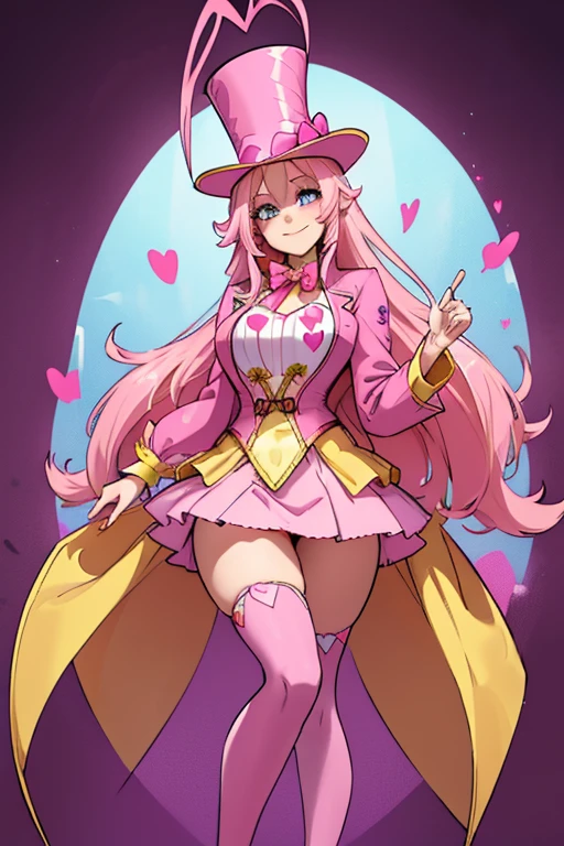 female, sunset pink long hair with yellow highlights, blue eyes, (((1girl))), (((pink ringmaster attire with dark pink hearts))), (yellow ribbon), (pink knee length pencil skirt), (dark pink stockings), (pink heels), (pink top hat with dark pink heart and yellow feather), cute and sexy, large breasts, large butt, full body, long legs, smiling