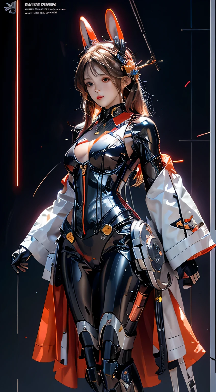 realisticlying, A high resolution, a 1 womone, hip-up, droid, Mecha Maiden,mechanicalparts, droid joints,single mechanical arm, Rabbit ear, Mechanical Aura,star halo,Complex mechanical body suit, mecha corset, Full A, Red mecha body