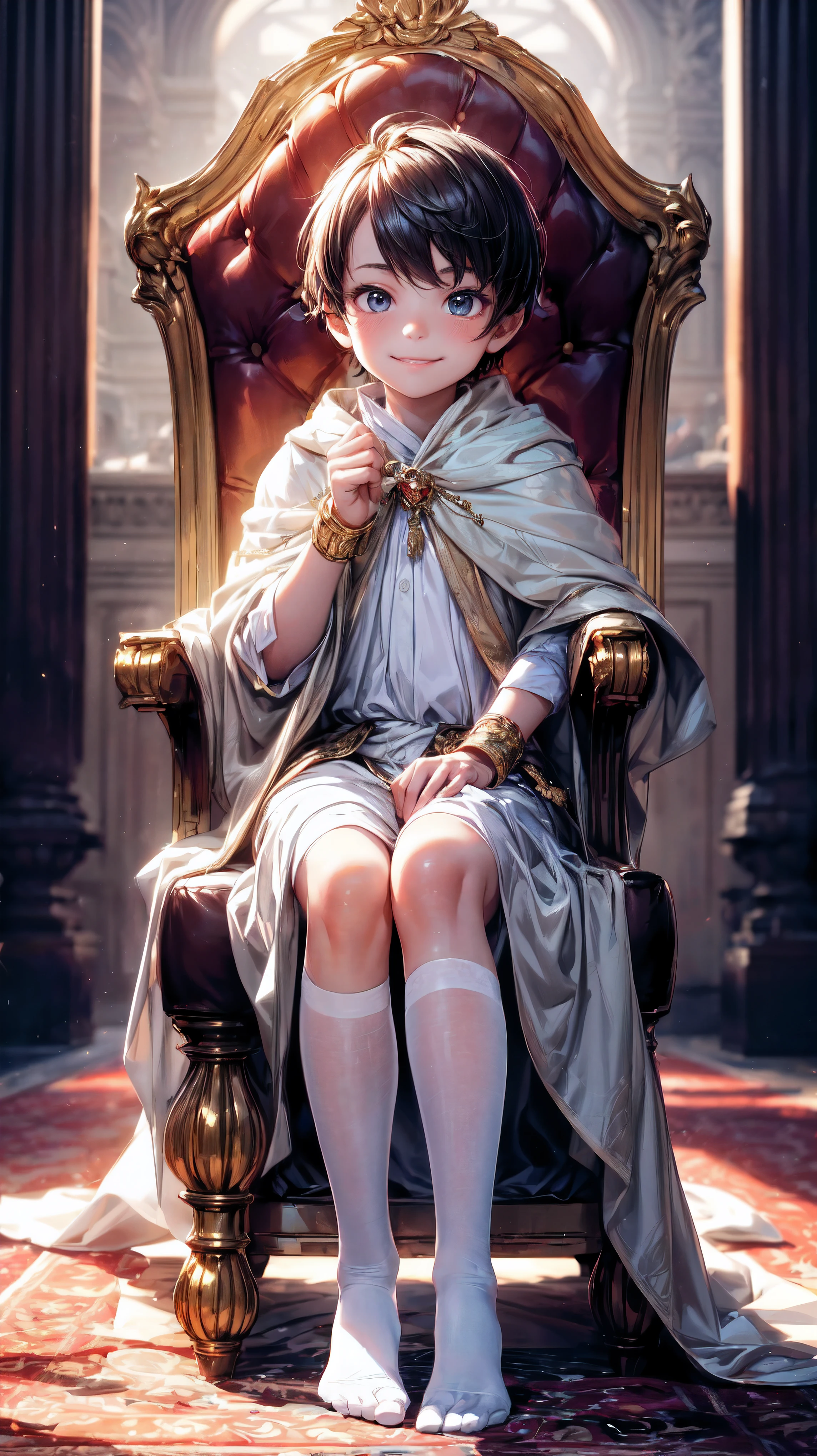 (best quality,4k,8k,highres,masterpiece:1.2),ultra-detailed,(realistic,photorealistic,photo-realistic:1.37), (solo), (a 7 years old boy:1.2), (cute boy:1.1) wearing a white cloak and a (very long silk long dress:1.1), prince, (best wrinkle, best shadow), ((White long stockings, no shoes)), soft curly hair, sparkling eyes, (curious sparkling eyes, innocent smile, cheeks rosy with happiness), (Sitting on an exquisite and solemn throne), In the magnificent palace, bathed in warm golden sunlight, creating a dreamy and magical atmosphere.