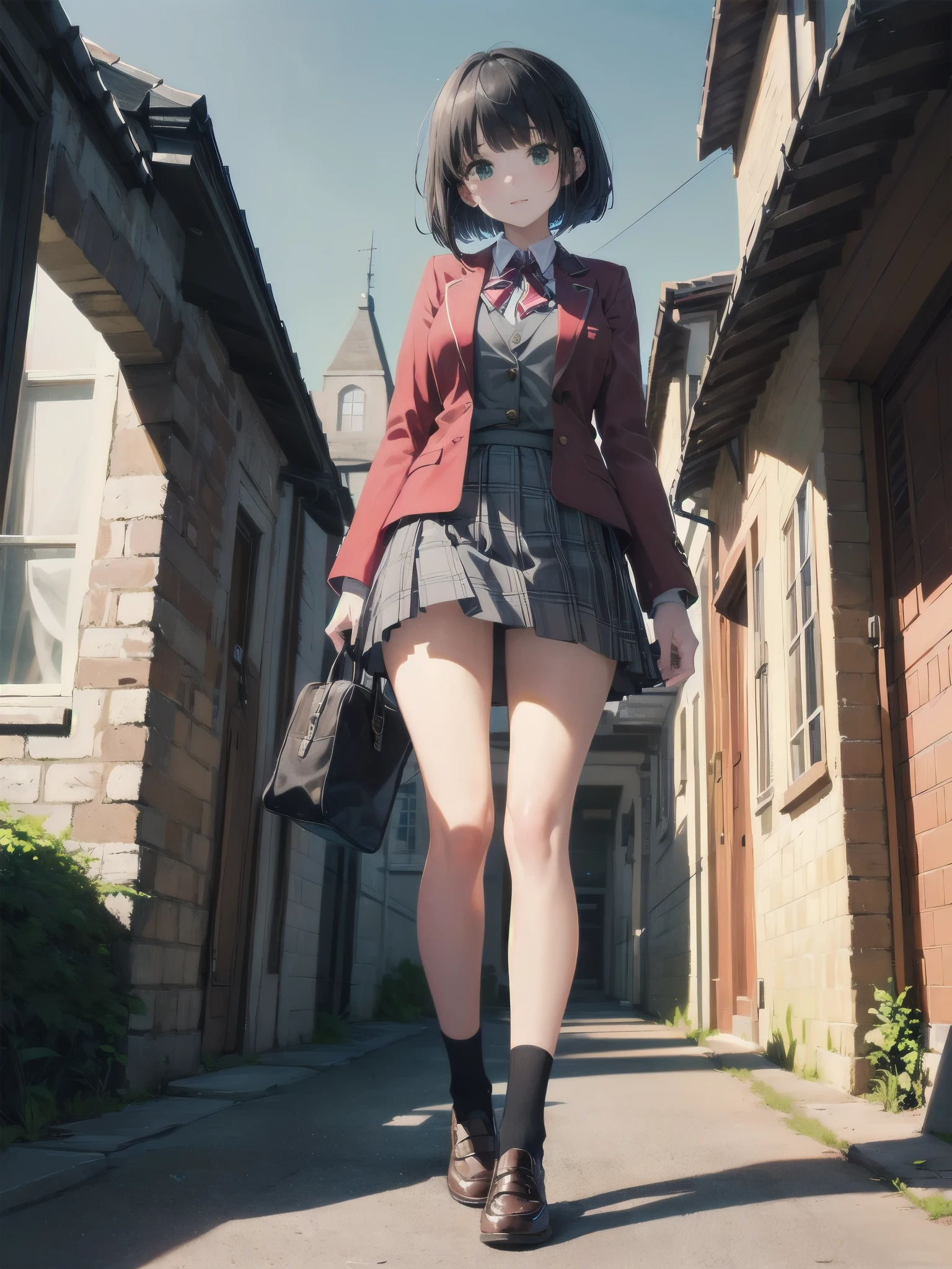 Top-High quality、Highest quality、masterpiece、High Contrast、Colorful、Elegance、Sexy expression、high school girl、Beauty、Bob cut braids、uniform、(red blazer)、Ribbon tie、(Green and gray plaid skirt)、(black tightovie-like shadows、fine shading、cute、Truly unbelievably cute absurd、outside、School trip、national treasures、Traditional buildings、blue sky