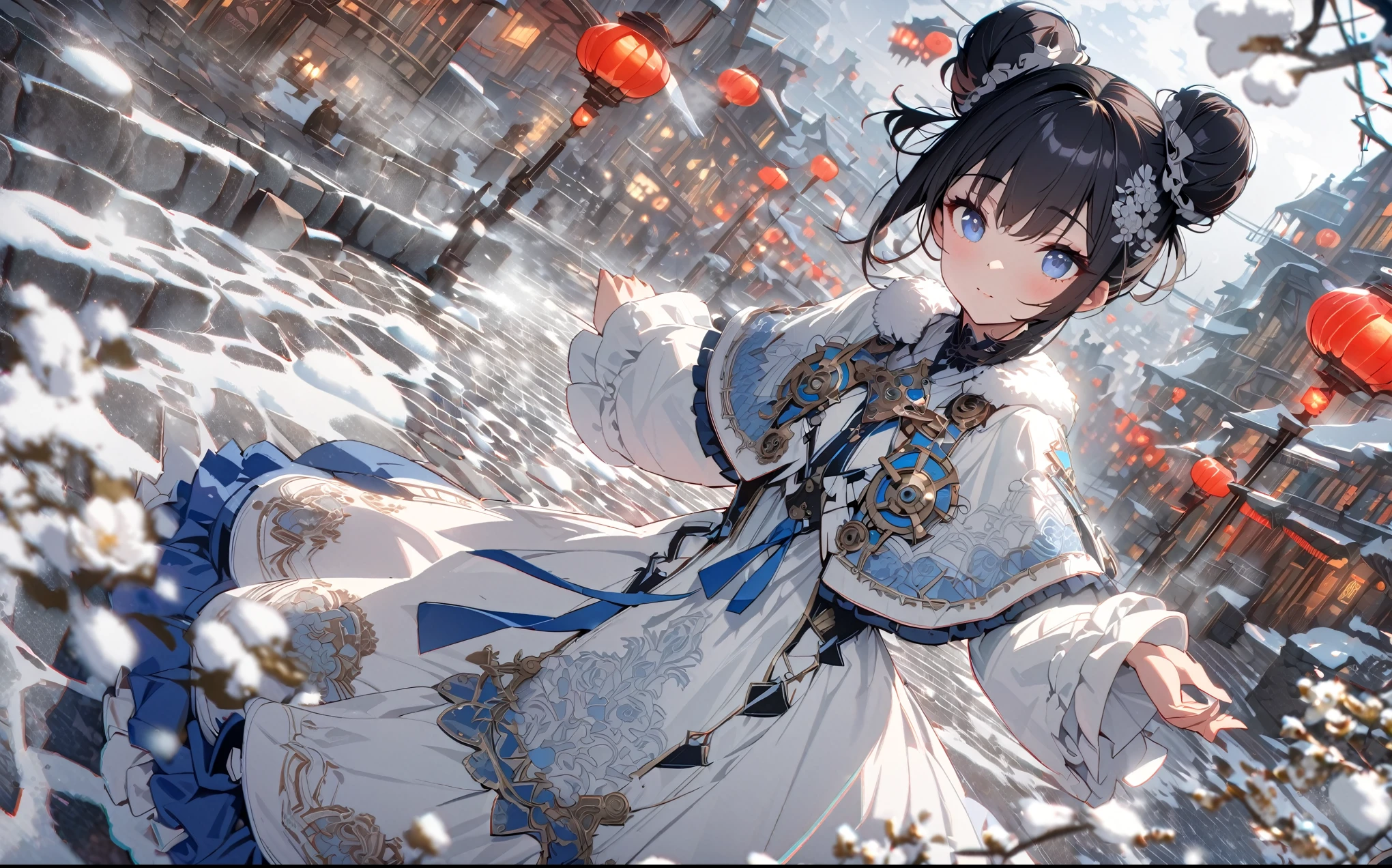 (beautiful girl, solo), black hair, double bun, detailed blue eyes, white and blue gothic dress with intricate embroidery, frilled sleeves, fur, capelet, steampunk city, red lantern, (snow), winter, cobblestone road, best shadows, [white flowers], fog, dutch angle, chromatic aberration, (depth of field), masterpiece, best quality, ultra-detailed illustration