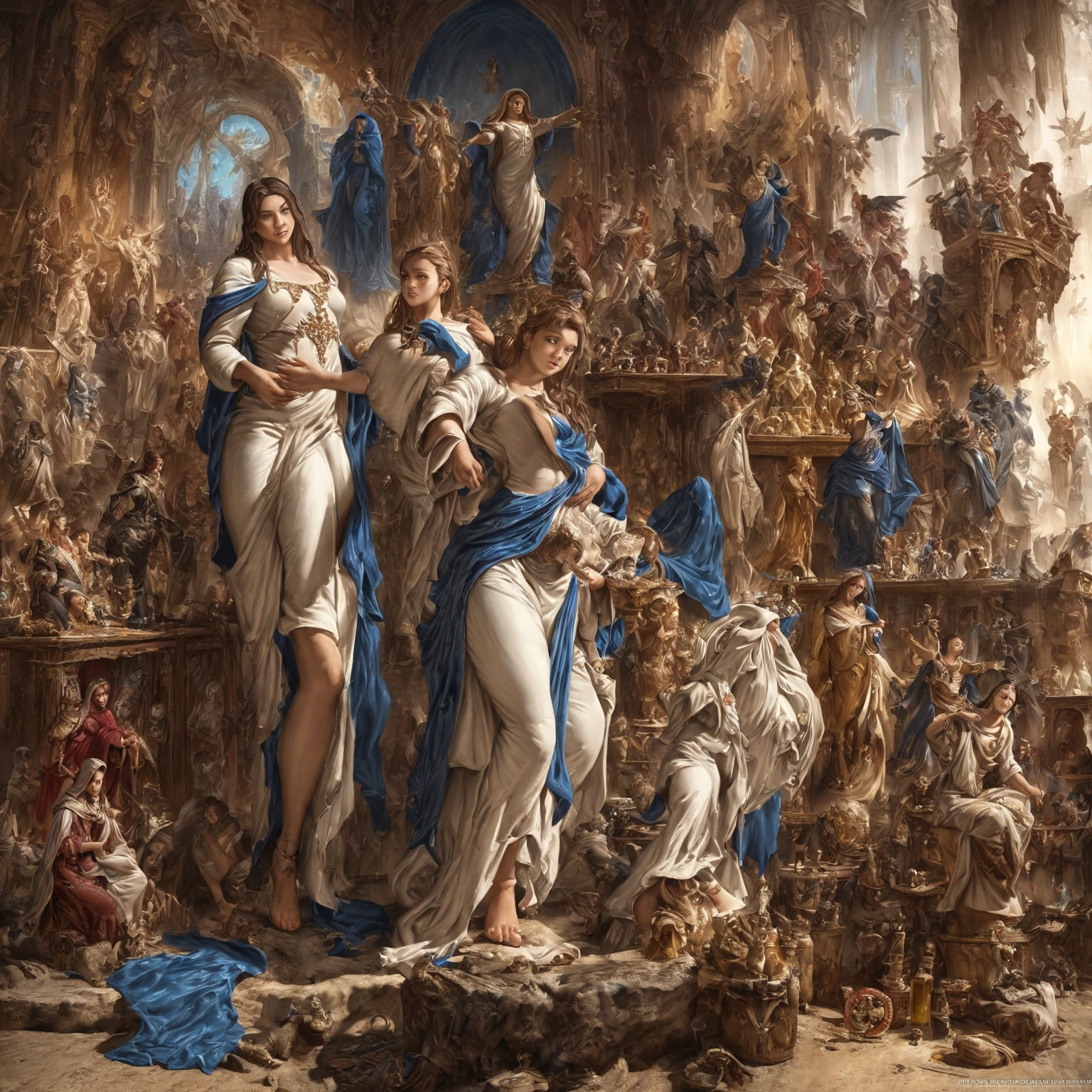 A beautiful ultra-thin Realistic portrait of the Virgin Mary, White outfit with blue details, ((Divinity)), whole body, Biblical, Realistic, Intricate details, Abbott Fuller Graves, Bartolomé Esteban Murillo, JC Leyendecker, Craig Mullins, Peter Paul Rubens, (Caravaggio), Art Station Trends, 8k, Concept Art, Fantasy art, PhotoRealistic, Realistic, figure, oil, Surrealism, HyperRealistic, brush brush, Digital Art, style, watercolor