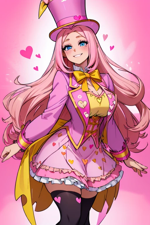 female, sunset pink long hair with yellow highlights, blue eyes, (((1girl))), (((pink ringmaster attire with dark pink hearts))), (yellow ribbon), (pink knee length pencil skirt), (dark pink stockings), (pink heels), (pink top hat with dark pink heart and yellow feather), cute and sexy, large breasts, large butt, full body, long legs, smiling