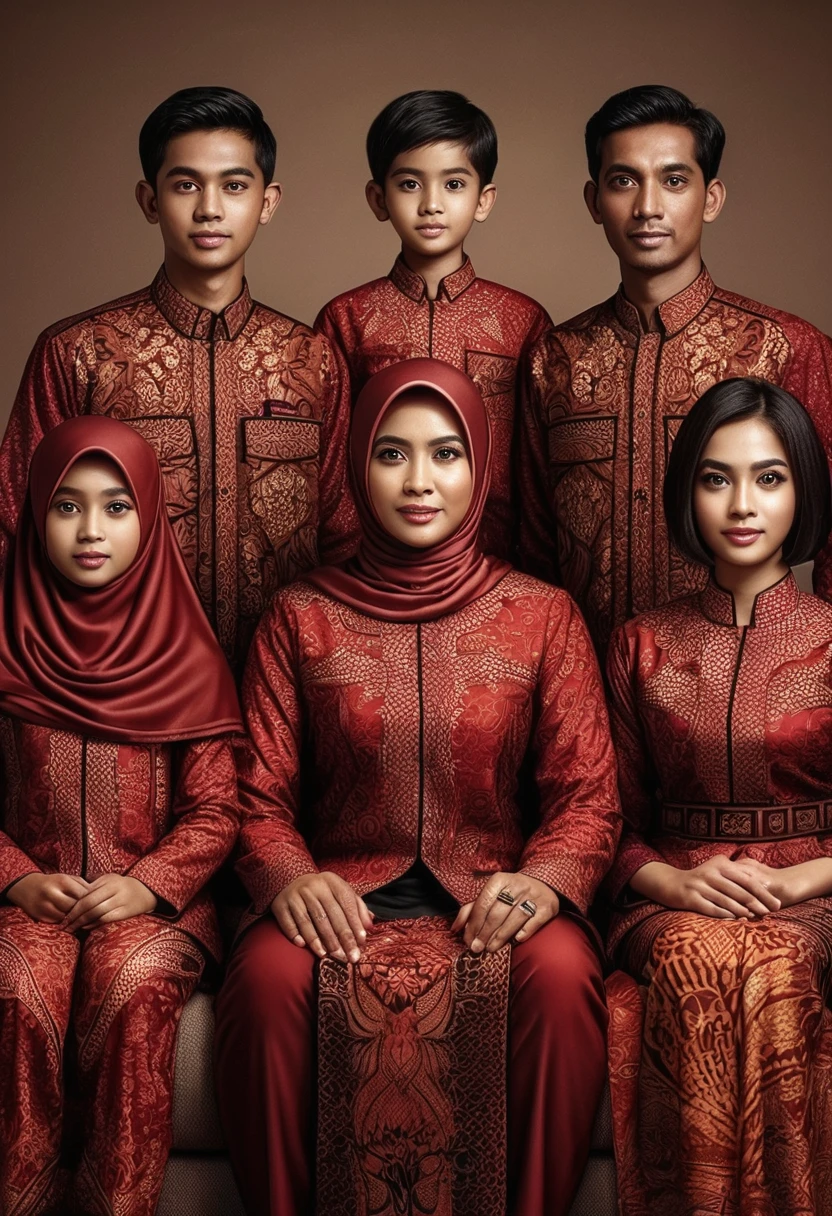 Make a poster of Indonesian Family. Daddy 40 yo, clear face, cut black hair. mommy 35 yo, jilbab. Boy 21 yo, cut hair. Girl  yo, jilbab. Son 14o. Sister 12 y jilbab. Consisting 3 men and  3 women. They are wearing red batik, brown motif. Dark brown sofa background in the living room. Aesthetic, Hyper realistic, Super detailed, super sharp, Ultra HD, 8K.  Auto Correct Anatomy