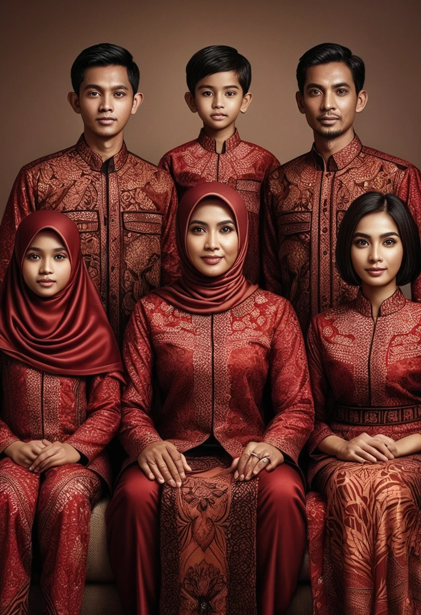 Make a poster of Indonesian Family. Daddy 40 yo, clear face, cut black hair. mommy 35 yo, jilbab. Boy 21 yo, cut hair. Girl 17 yo, jilbab. Son 14 yo. Sister 12 yo, jilbab. Consisting 3 men and 3 women. They are wearing red batik, brown motif. Dark brown sofa background in the living room. Aesthetic, Hyper realistic, Super detailed, super sharp, Ultra HD, 8K. Auto Correct Anatomy