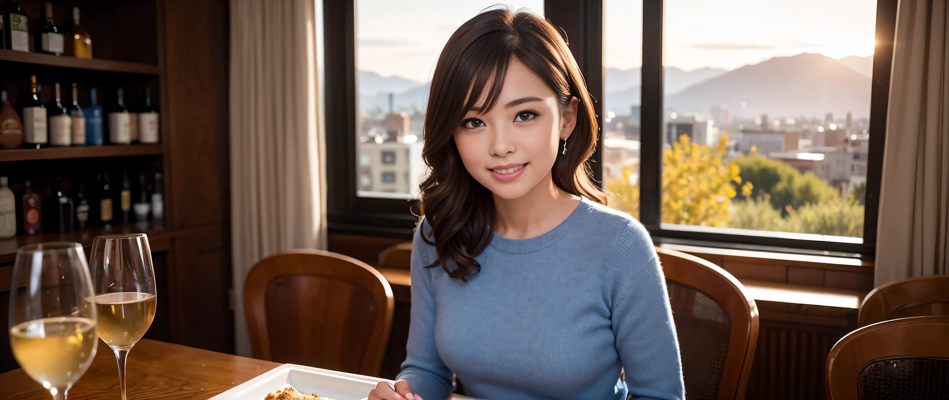 ((highest quality、8k、masterpiece:1.3))、Sharp focus:1.2、Beautiful woman perfect body:1.4、Slim body、((Bob Hale、Straight hair:1.2))、(to be born, highest quality, masterpiece:1.5), (Realistic, Intricate details:1.2), Ultra-high resolution, Spectacular view of the sunset sky and clouds、Amazing mountain views、A bright smile、A lovely woman with a smile、Bright image、2. The beauty of wine, Beautiful Face, blue eyes, The light shines on your face, Blushing, short hair,Bright Face、Fox face、 (44 years old), 39 years old, Lady、red wine 、Appetizer、Italian food、Wine bottle、Champagne、sparkling wine、Two beauties、brown hair、Shortcuts、Long sleeve shirt、dress、Pretty Woman 1, (slim face), (The body is slim), (brown hair), (Shortcuts), cheeks turn a little red,charming beauty、, Out of the window, A beautiful and detailed night view unfolds.........., restaurant, In a prominent place (From the waist up) Nova Frog Style, actress, model, Upper Body, White wine, slim, wine glass, A wine glass placed in the middle, smile, (smile: 1.15), Beautiful fine grain, Depth f/2,saturation, High Contrast, Strong light and shadow,Moist Body:1.5、3D texture、Delicate eyes、brown hair、The hair is very shiny、
