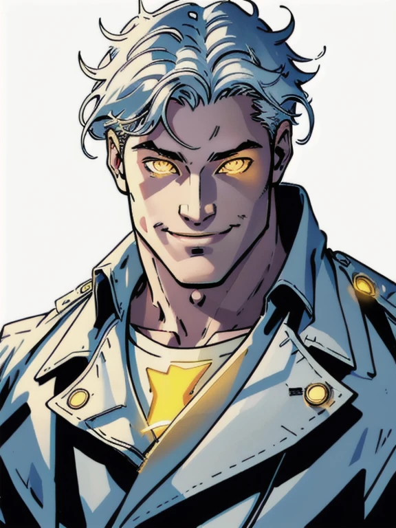 (Illustration, high resolution, best quality: 1.5, masterpiece, minimalist, simplistic detail, anime) solo: 2, ager, trench coat, white hair, messy hair, yellow eyes, smiling, half body, glowing eyes, male, jim lee,
