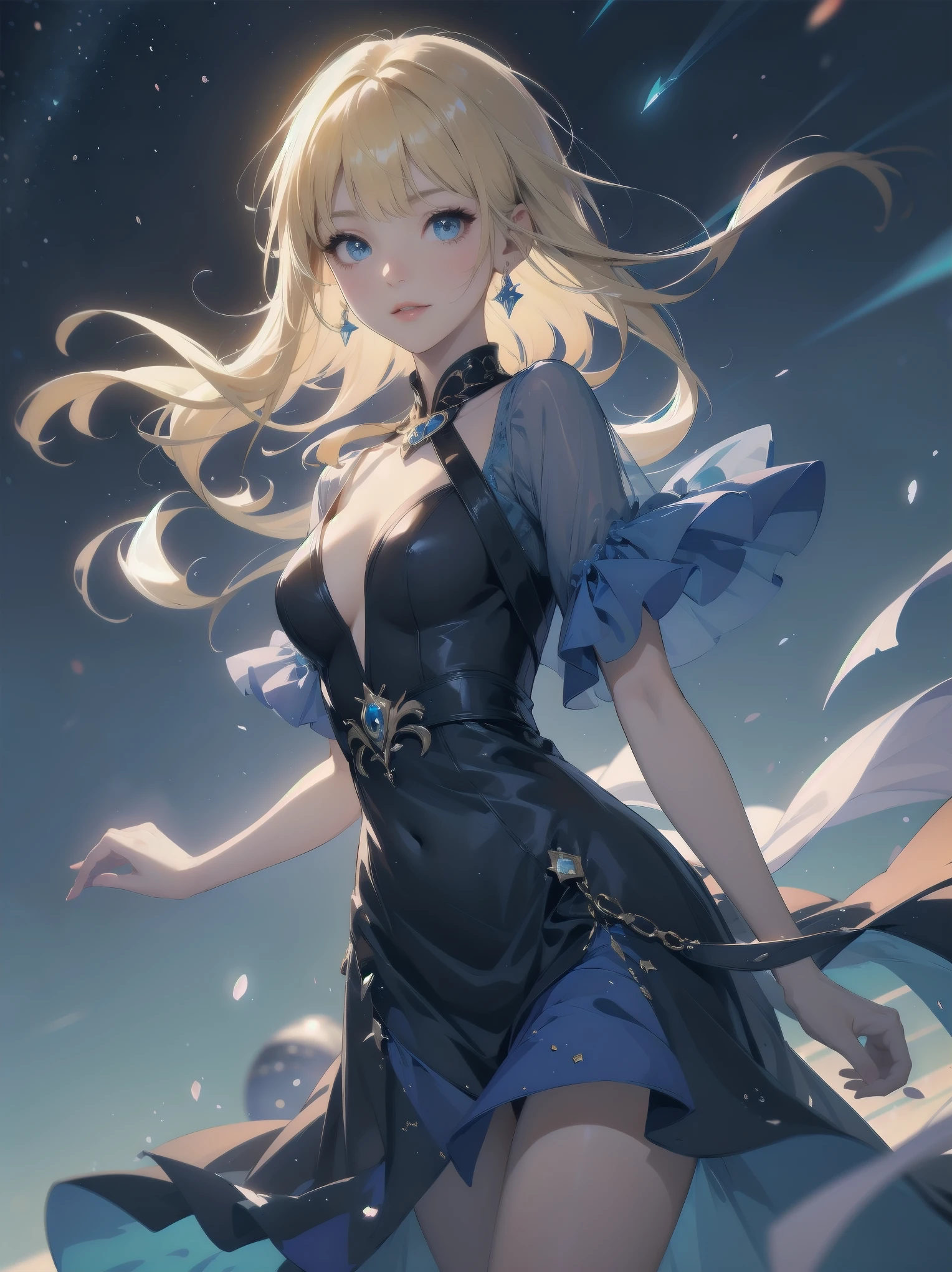 Masterpiece, Top Quality, High Resolution, Super Dimensional Face, Cute Eyes, Very Beautiful Girl in Long Blue Dress Anime Character, One Beautiful Girl, Long Dress, Solo, Blue Dress, (Bob-cut Hair:1.1), Amber Eyes, Gazing, Blonde Hair, ((Hair Fluttering in Wind)), , Medium Chest, Hoop Earrings, Fluttering hair, Night sky, Meteor shower, Fantastic, Phantom moon, Light smile, Dynamic, Fantasy, Otherworldly, Mysterious place
