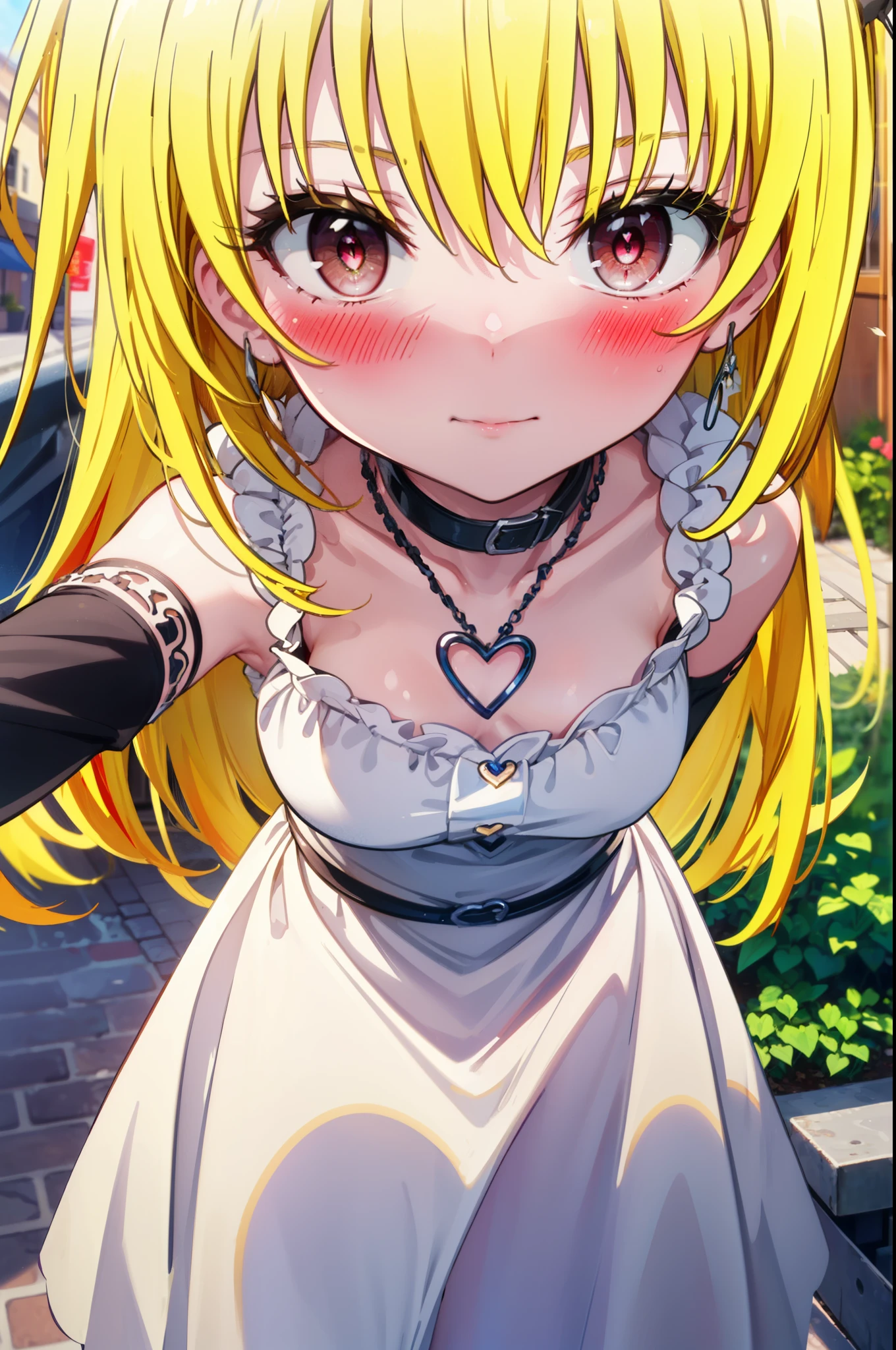 toloverumy, my, (yellow hair:1.5), Long Hair, (Red eyes:1.5), smile,blush, Embarrassing,White headband,Long Straight Hair,Long skirt integrated sleeveless dress,Heart Necklace,Bare arms,Bare neck cute sandals,True Summer,Daytime,
break outdoors, garden,
break looking at viewer, (Cowboy Shot:1.5),
break (masterpiece:1.2), highest quality, High resolution, unity 8k wallpaper, (figure:0.8), (Beautiful fine details:1.6), Highly detailed face, Perfect lighting, Highly detailed CG, (Perfect hands, Perfect Anatomy),