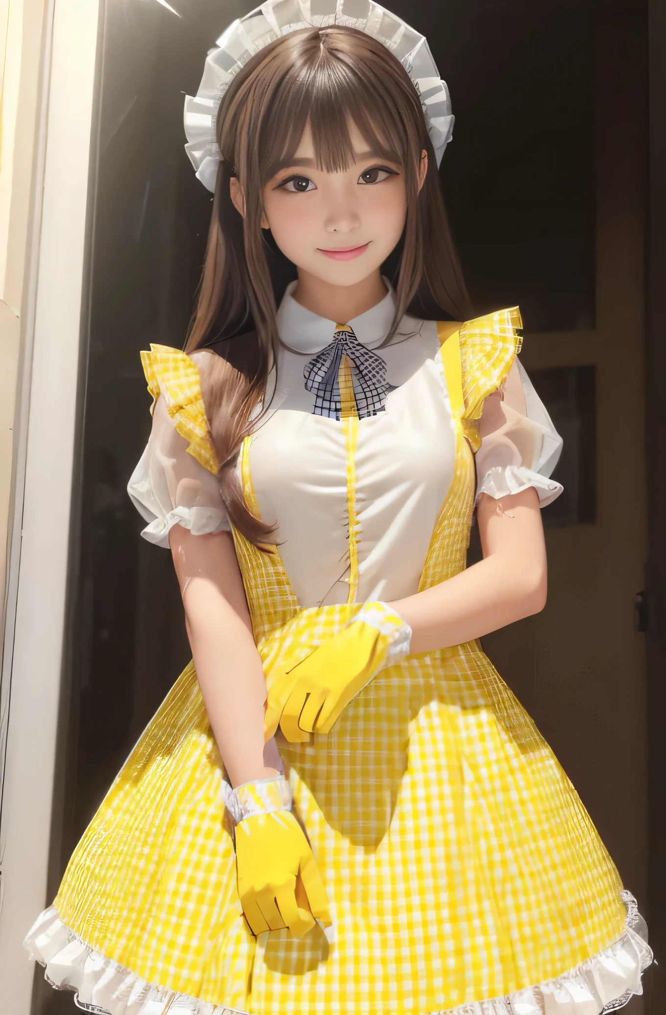 Angelic very beautiful cute young girl,
Beautiful detailed eyes, (5 yo:1.2),(clear-eyed:1.3),
Detailed double eyelids,
(Soft Saturation: 1.3), 
(Fair skin: 1.3),v-line jaw,
(Large eyes:1.4),
Long straight brown hair, 
see-through bangs,
Sharp Focus,
beautiful detailed face and eyes, 
drooping eyes,
small straight nose,
small mouth, 
happy smiling with visible teeth, 85mm lens, F/8.0,BREAK  (yellow gingham maid costume :1.5),Walking,Brown hair ,(Costumes with strong reflective surfaces:1.3),(lift skirt:1.2),panty,
(Best Quality:1.2),(Maid costume:1.4),
Raw photo, 
High resolution, 
perfect  detail, 
Professional Photography, 
Professional Lighting,
Powerful lighting of the costume,In the street