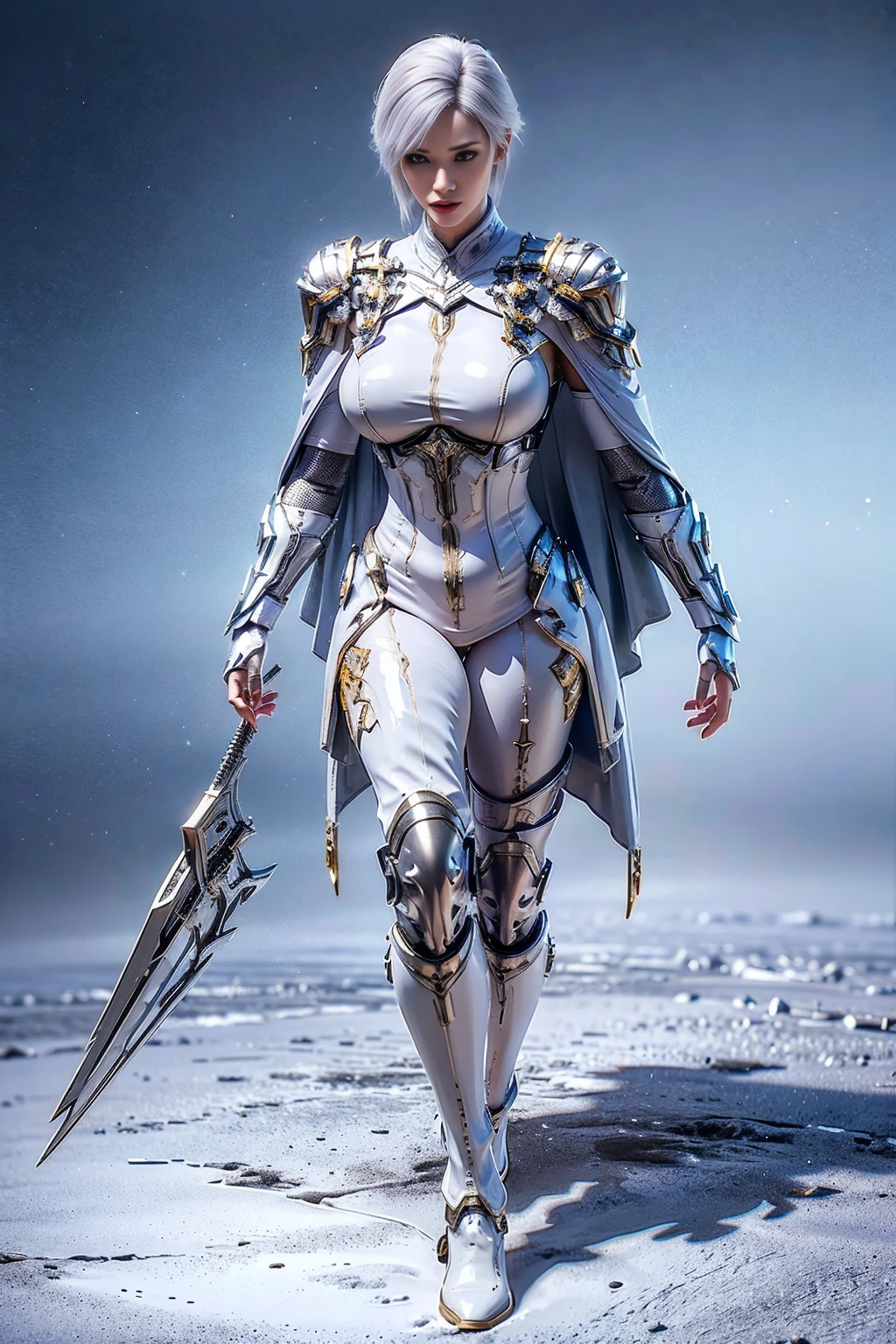 8k, HDR, ultimate-realistic texture, sharp texture, highres, best quality. Futuristic character, Full body, slender, (slim body), tall and fit body, short hair, white hair, wearing gold mecha armor, white body stocking, wearing pants, boots, wearing (knee guard), gloves, pauldron with cape. standing perfectly in the castle.