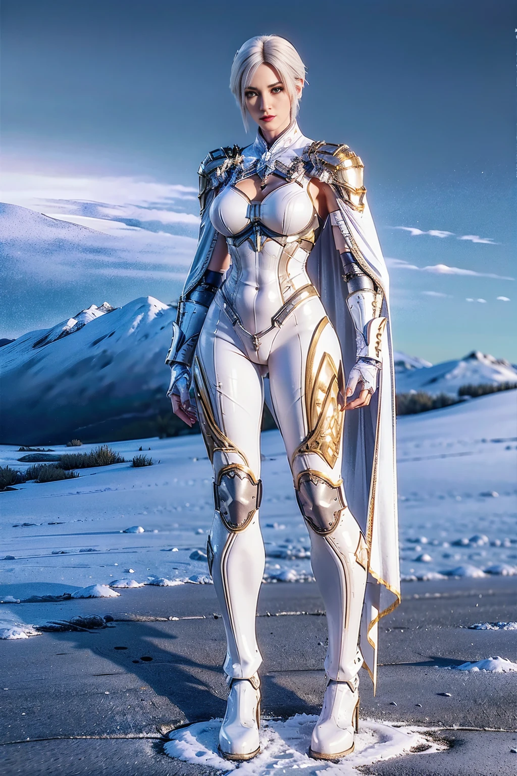 8k, HDR, ultimate-realistic texture, sharp texture, highres, best quality. Futuristic character, Full body, slender, (slim body), tall and fit body, short hair, white hair, wearing mecha armor, body stocking, wearing pants, boots, wearing (knee guard), gloves, pauldron with cape. standing perfectly in the castle.