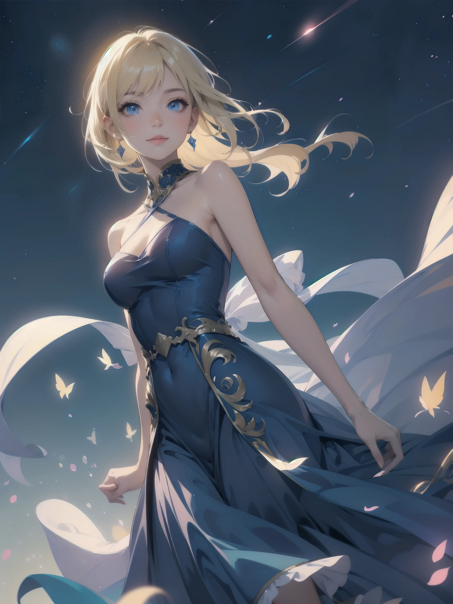 Masterpiece, Top Quality, High Resolution, Super Dimensional Face, Cute Eyes, Very Beautiful Girl in Long Blue Dress Anime Character, One Beautiful Girl, Long Dress, Solo, Blue Dress, (Bob-cut Hair:1.1), Amber Eyes, Gazing, Blonde Hair, ((Hair Fluttering in Wind)), , Medium Chest, Hoop Earrings, Fluttering hair, Night sky, Meteor shower, Fantastic, Phantom moon, Light smile, Dynamic, Fantasy, Otherworldly, Mysterious place
