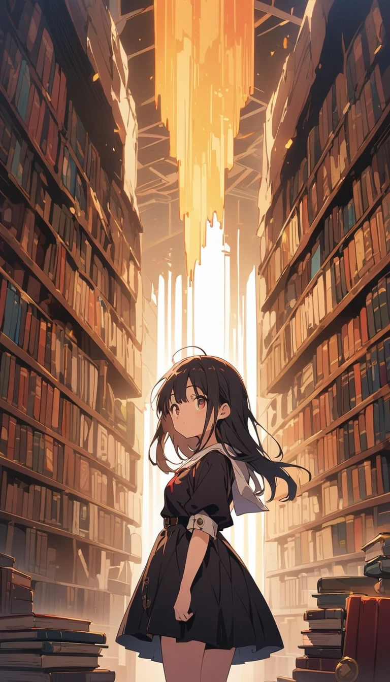 A huge futuristic library housing thousands of books. Awe-struck steampunk kid in the middle of a library 、(highest quality、masterpiece、High resolution、detailed)animeスタイル、flat style、(Shining Eyes、detailed美しい顔), BREAK,1 girl、anime