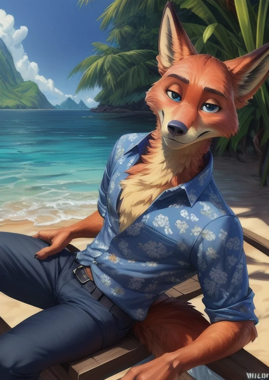 uploaded on e621, ((by Wildering, by Foxovh, by Disney)), Zootopia,
solo ((nick wilde)) with ((neck tuft)) and (fluffy tail) and ((clear navy blue eyes)),
((half-length portrait)), ((wear blue hawaii floral shirt with grey pants)),
BREAK
((sitting at island with plant and water on sunny day)),
(detailed background, depth of field, half body shadow, sunlight, ambient light on the body),
(intricate:1.1), (high detail:1.2), (soft focus), [explicit content, questionable content], (masterpiece, best quality, 4k, 2k, shaded, absurd res)