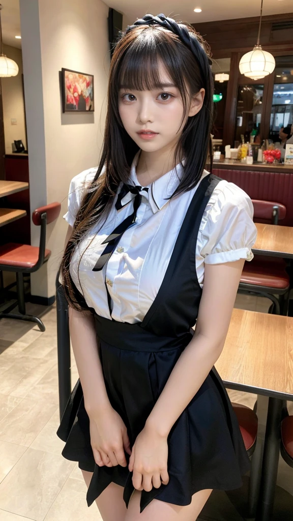 muste piece, best quality, illustration, Super detailed, fine details, High resolution, 8K,wall paper, perfect dynamic composition,(Details High quality, realistic depiction of eyes:1.3), waitress uniform, restaurant, large breasts, short bob hair、black hair color, Big Natural Color Lip, bold sexy pose, perfect body shape, crying a little、cold gaze, Harajuku style、20 year old girl、cute type、ta、beautiful legs, gravure idol, Voluptuous thighs, large hips
