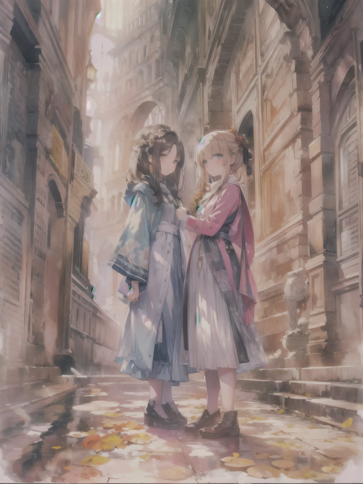 Two beautiful girls, a wonderful day, exploring an underground labyrinth, dark and spooky creatures,
Contracts, magic, solemnity, enchanting smiles, colorful, saturated,

departure, joy, anticipation.
Cape, strong winds, hurricane, super ruins,
Art, memorable masterpiece, historical moment,
Departure, seeing off, joy, anticipation, working, looking at the viewer, crowd
Watercolor: 1.3, Delicate, Detail, (Saturation: 1.2), Sharp Focus, Focus on Face, 

(Masterpiece:1.2),(Best Quality:1.2),Latest, Fine details, AI generated,
