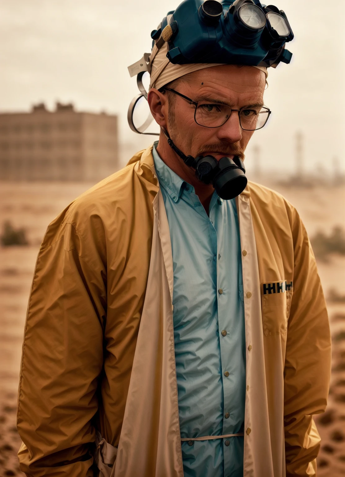 A stunning intricate full colour upper body photo of man wearing glasses, (wearing a lab coat and a gas mask on the head), bald,
epic character composition,
by ilya kuvshinov, alessio albi, nina masic,
sharp focus, natural lighting, subsurface scattering, f2, 35mm, film grain 