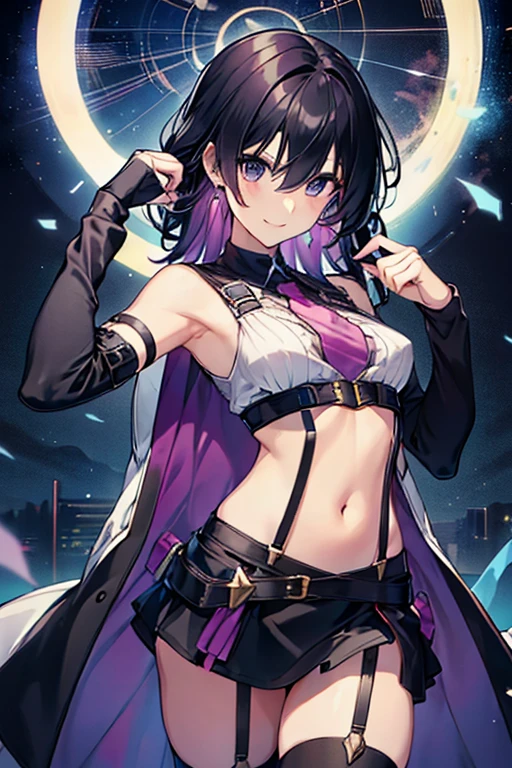 1 girl, small nose,black suspenders,Bulging,walls: Black miniskirt,garters,Gaze,Small face,bangss,holster,Beautuful Women,hands up,leg holster,Gaze,black boots panty shot, provocation,flank,flank sweat soio,arm, pose muy sexy,(with sparkling eyes and a contagious smile), very beautiful detailed face and eyes, bright colors, cute face, delicate beautiful face, Bright magenta eyes, cute eyes, sparkling eyes, Big eyes, (big breasts:1.0), (perky chest:1.1), (pointed chest:1.0), medium hips, glamorous body, white skin, smile, thin pubric hair, shiny hair, super beautiful face, Super beautiful eyes, Super beautiful hair，trendy outfit，sexy and attractive，explosion of colors，big hairpin，full body esbian，illegal occupation, Real World, Natural light,perfect Natural light,looking at viewer,
